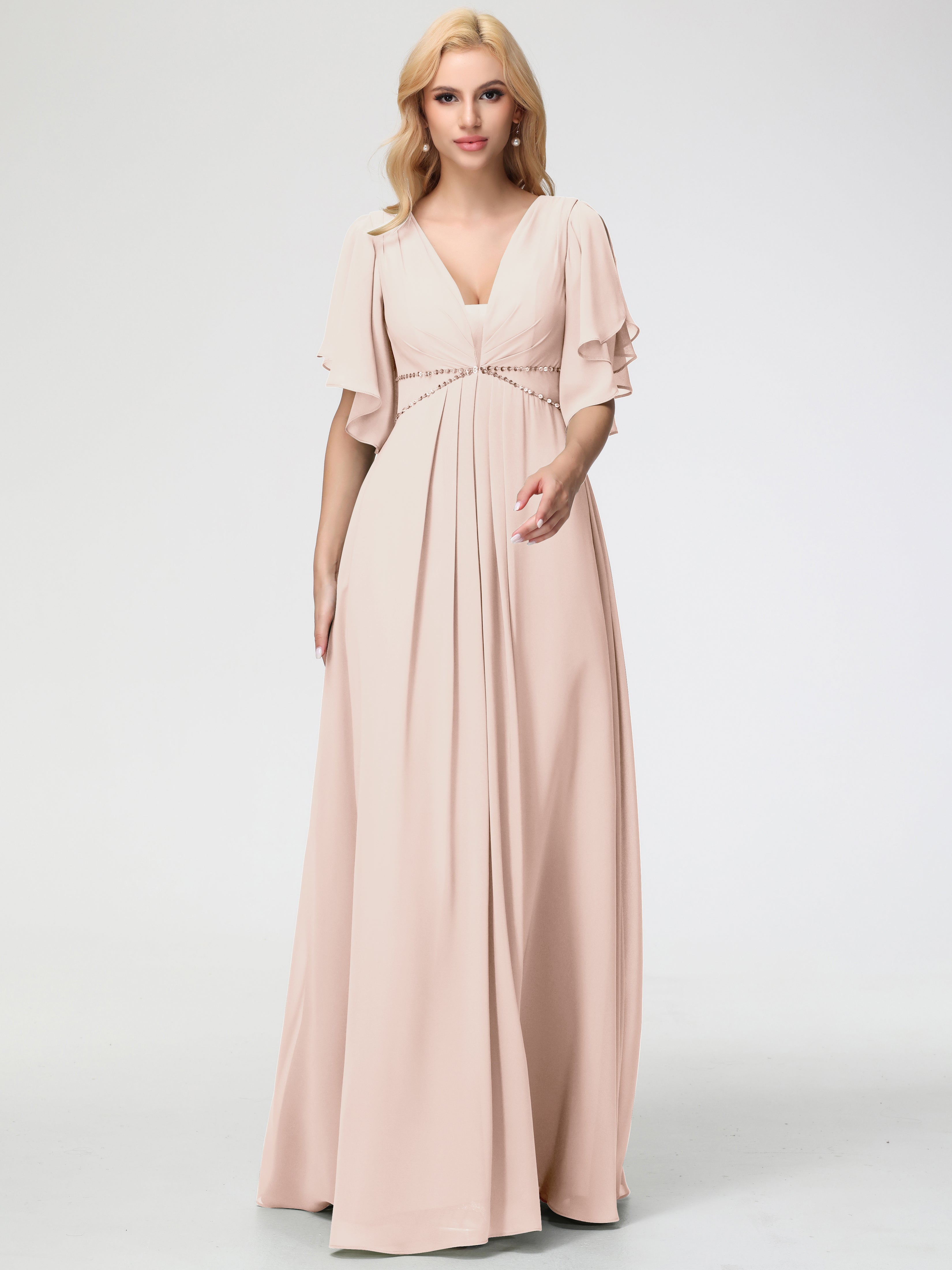 Robe Demoiselle D Honneur Rose Perle Col V Manches À Volants Fourreau/Colonne Mousseline Robe Demoiselle D'Honneur