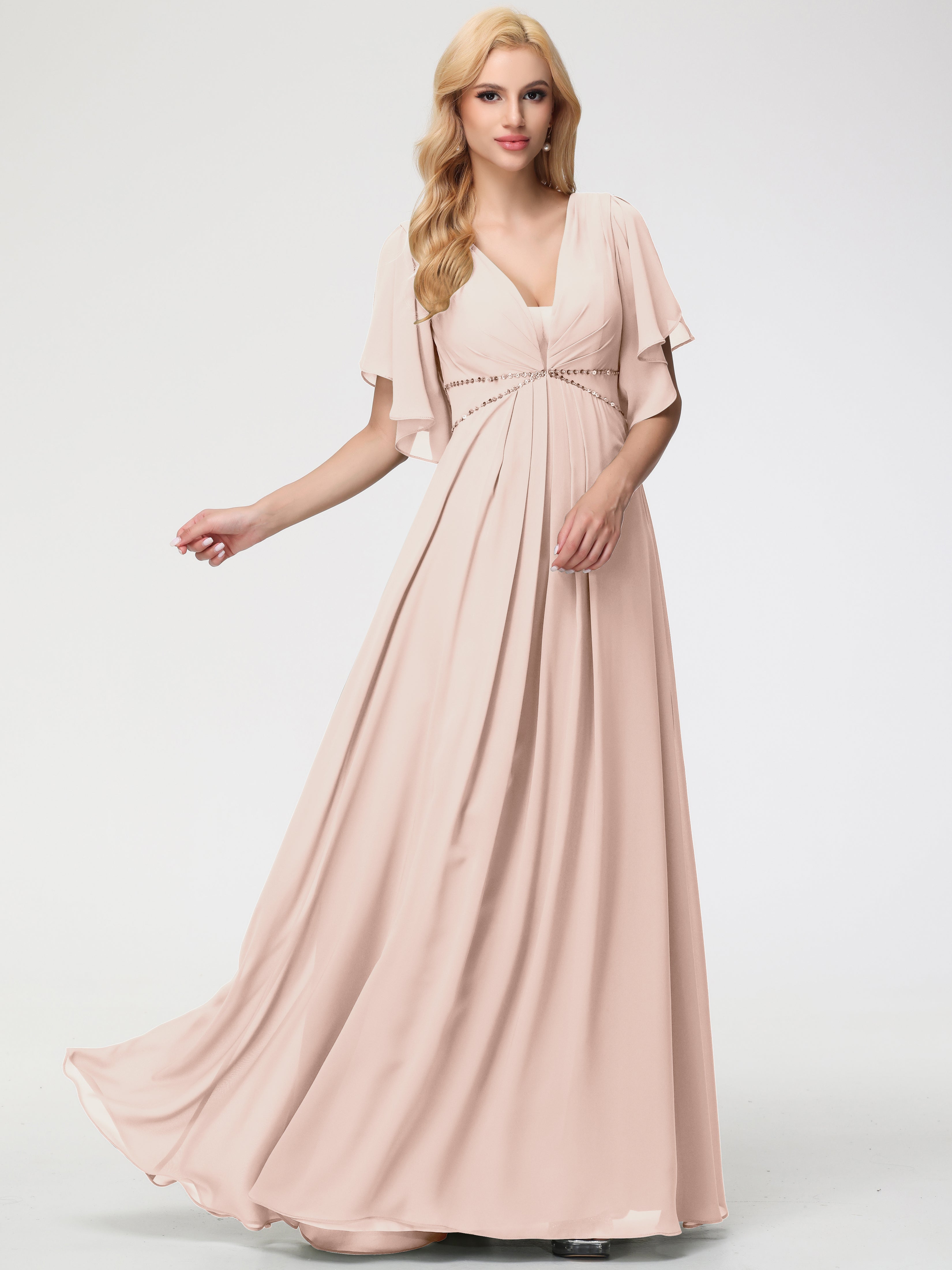 Robe Demoiselle D Honneur Rose Perle Col V Manches À Volants Fourreau/Colonne Mousseline Robe Demoiselle D'Honneur