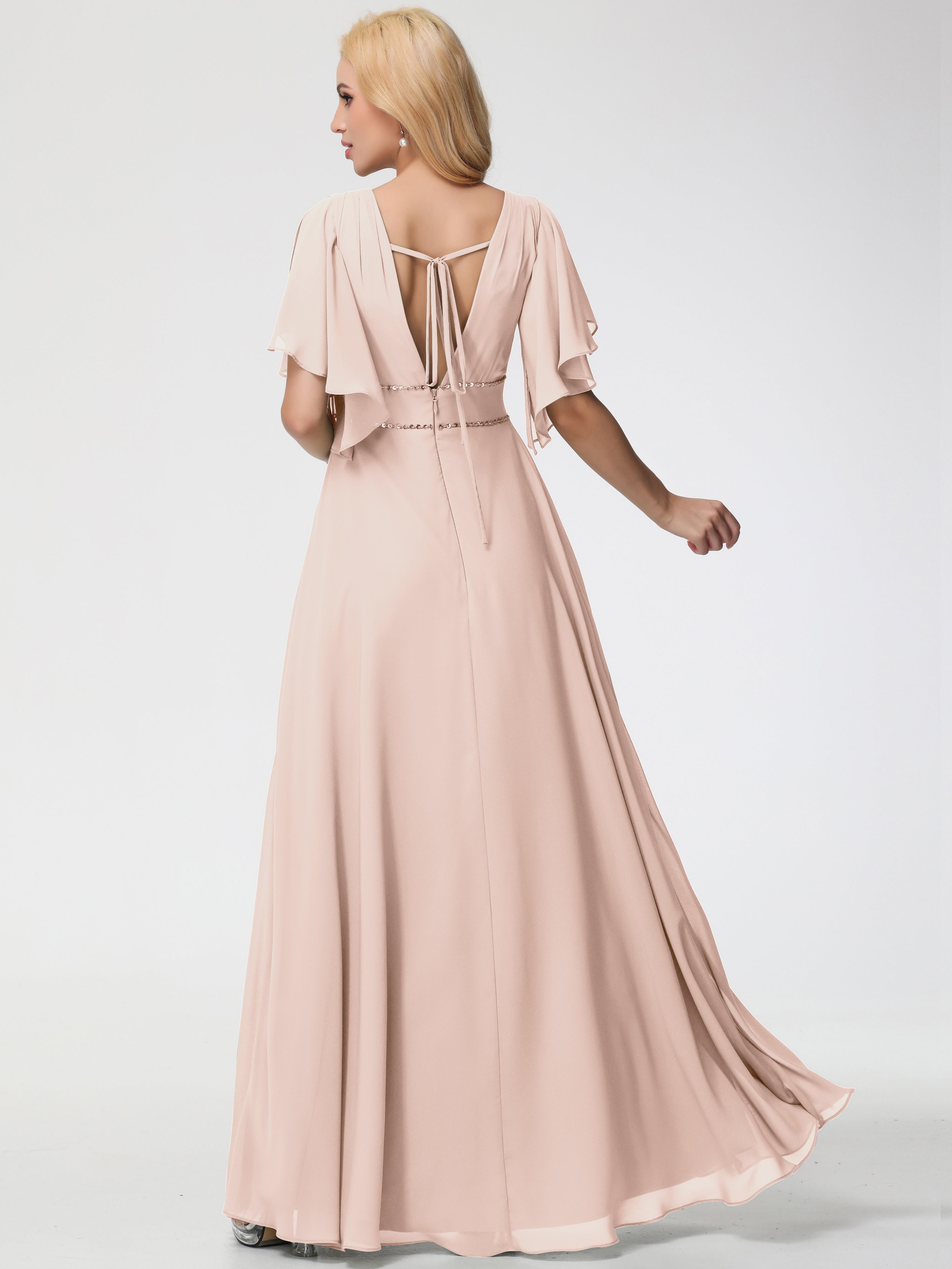 Robe Demoiselle D Honneur Rose Perle Col V Manches À Volants Fourreau/Colonne Mousseline Robe Demoiselle D'Honneur