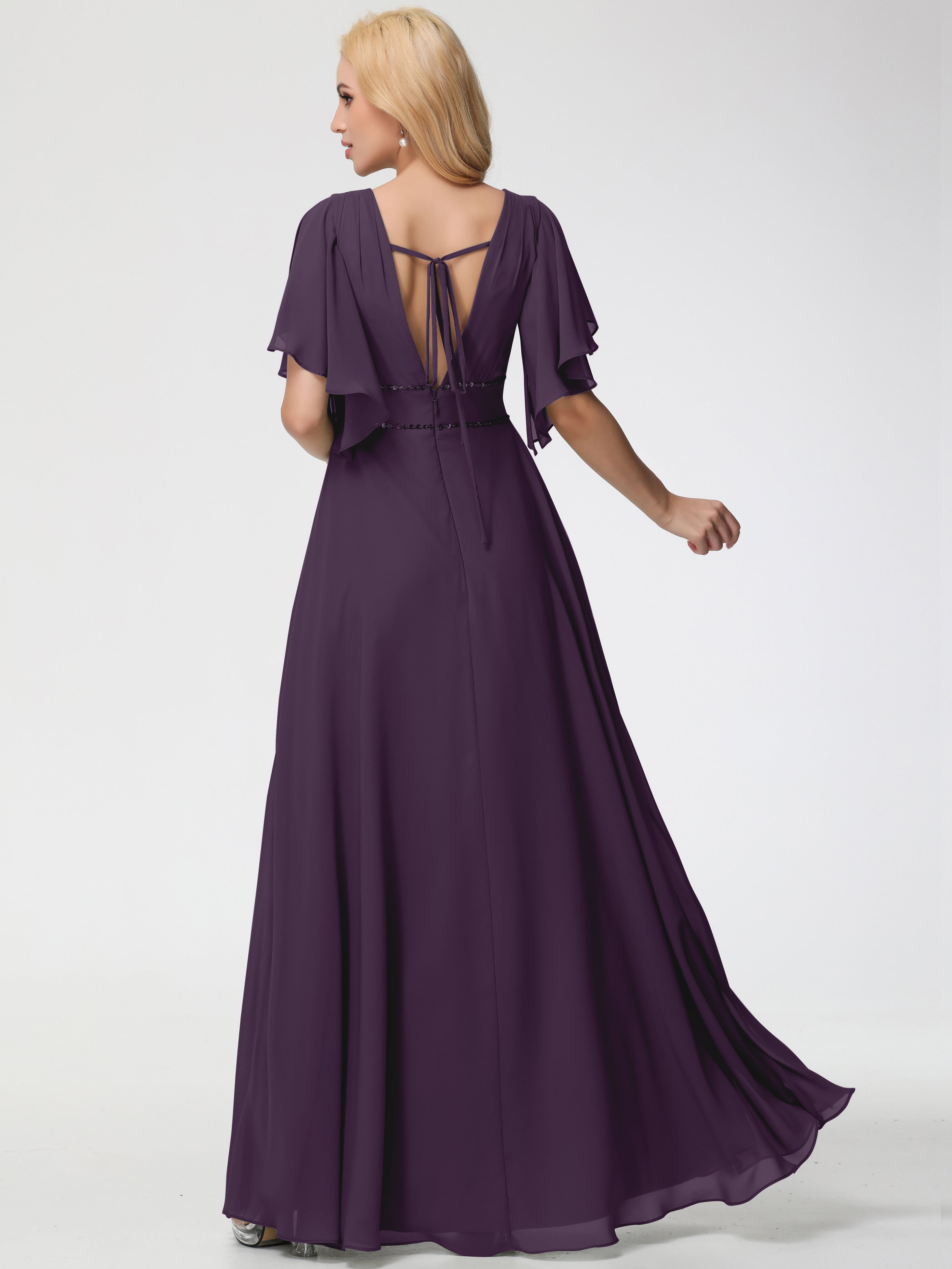 Robe Demoiselle D Honneur Plume Col V Manches À Volants Fourreau/Colonne Mousseline Robe Demoiselle D'Honneur