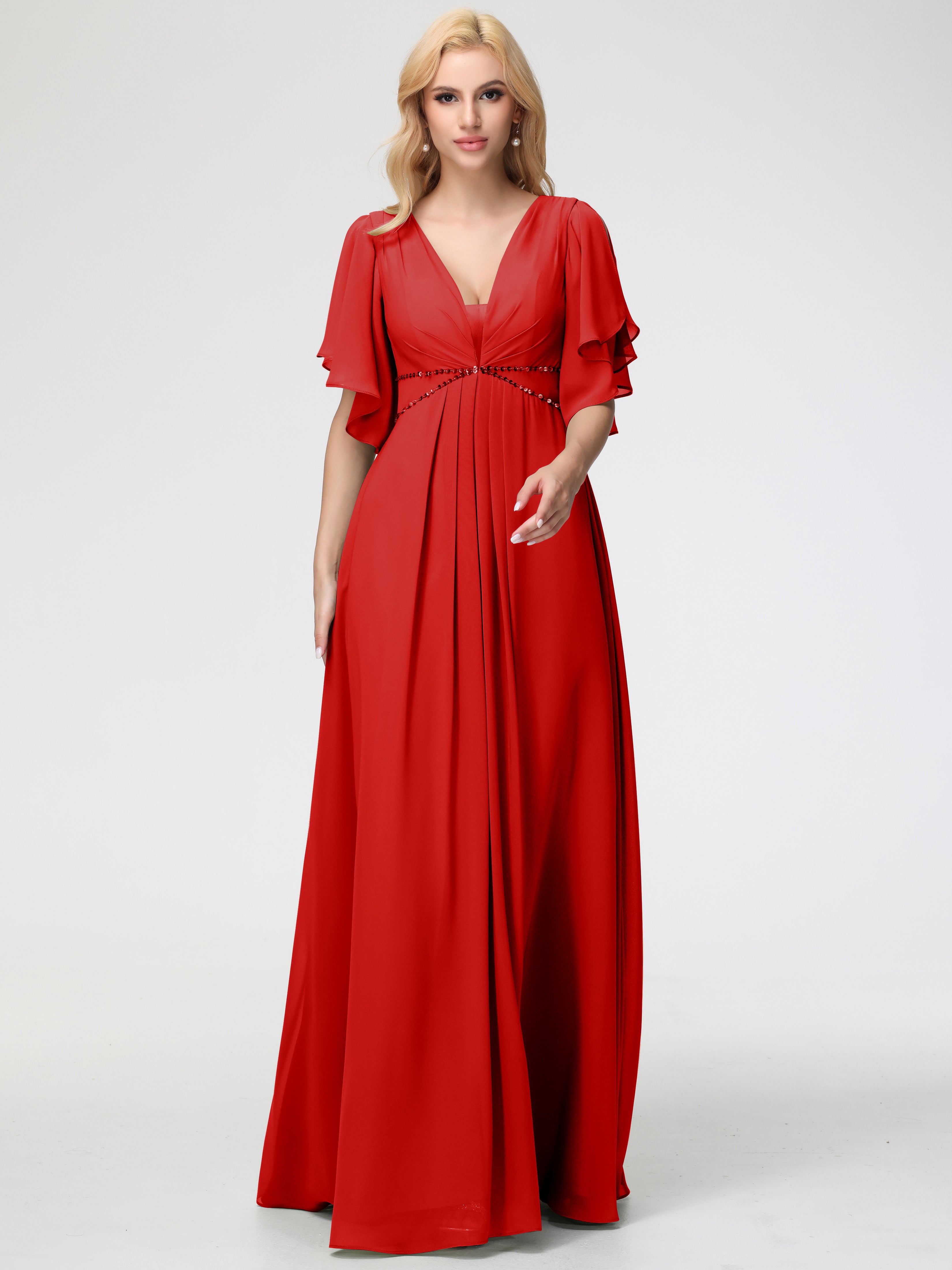 Robe Demoiselle D Honneur Rouge Col V Manches À Volants Fourreau/Colonne Mousseline Robe Demoiselle D'Honneur