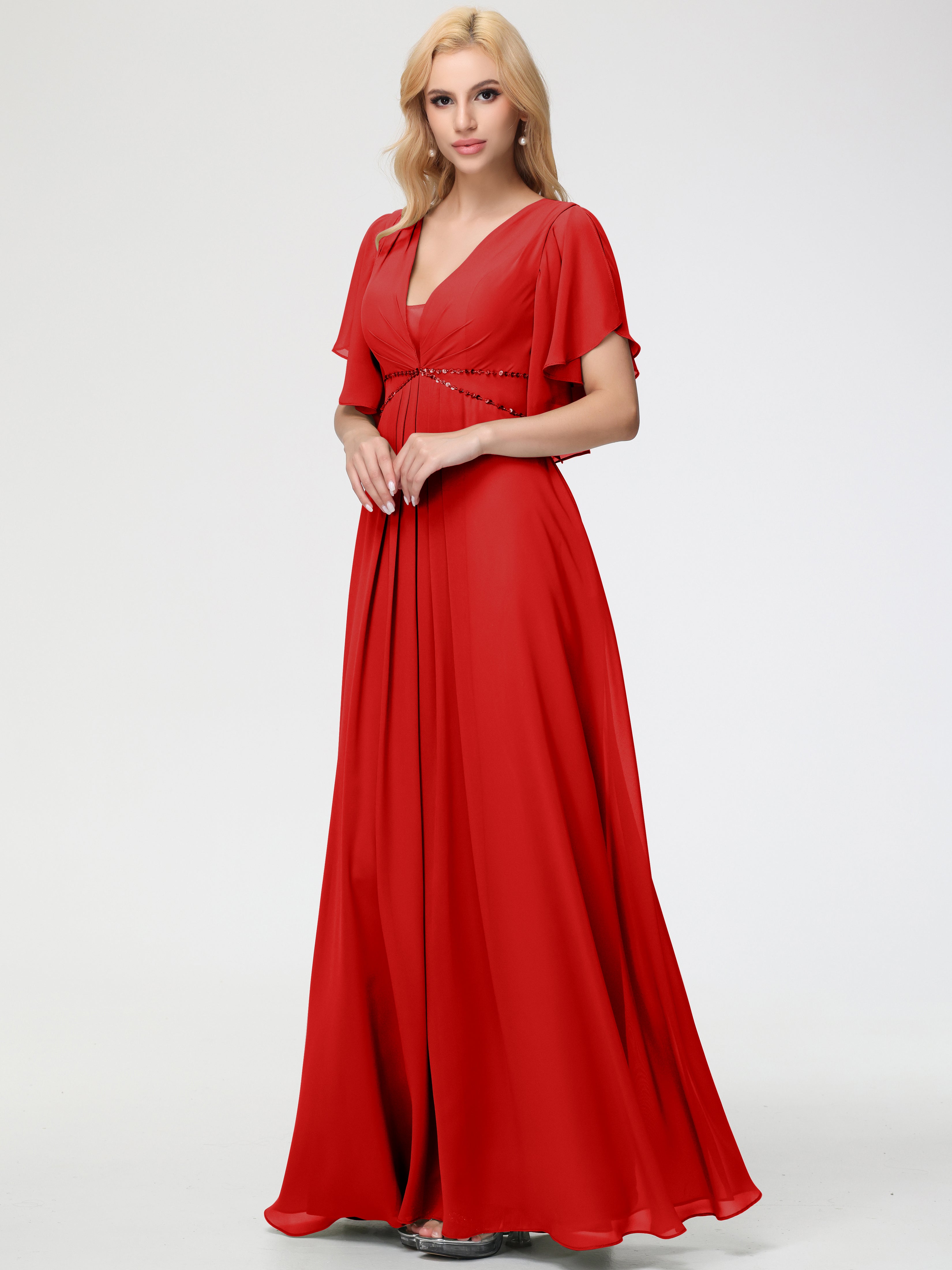 Robe Demoiselle D Honneur Rouge Col V Manches À Volants Fourreau/Colonne Mousseline Robe Demoiselle D'Honneur