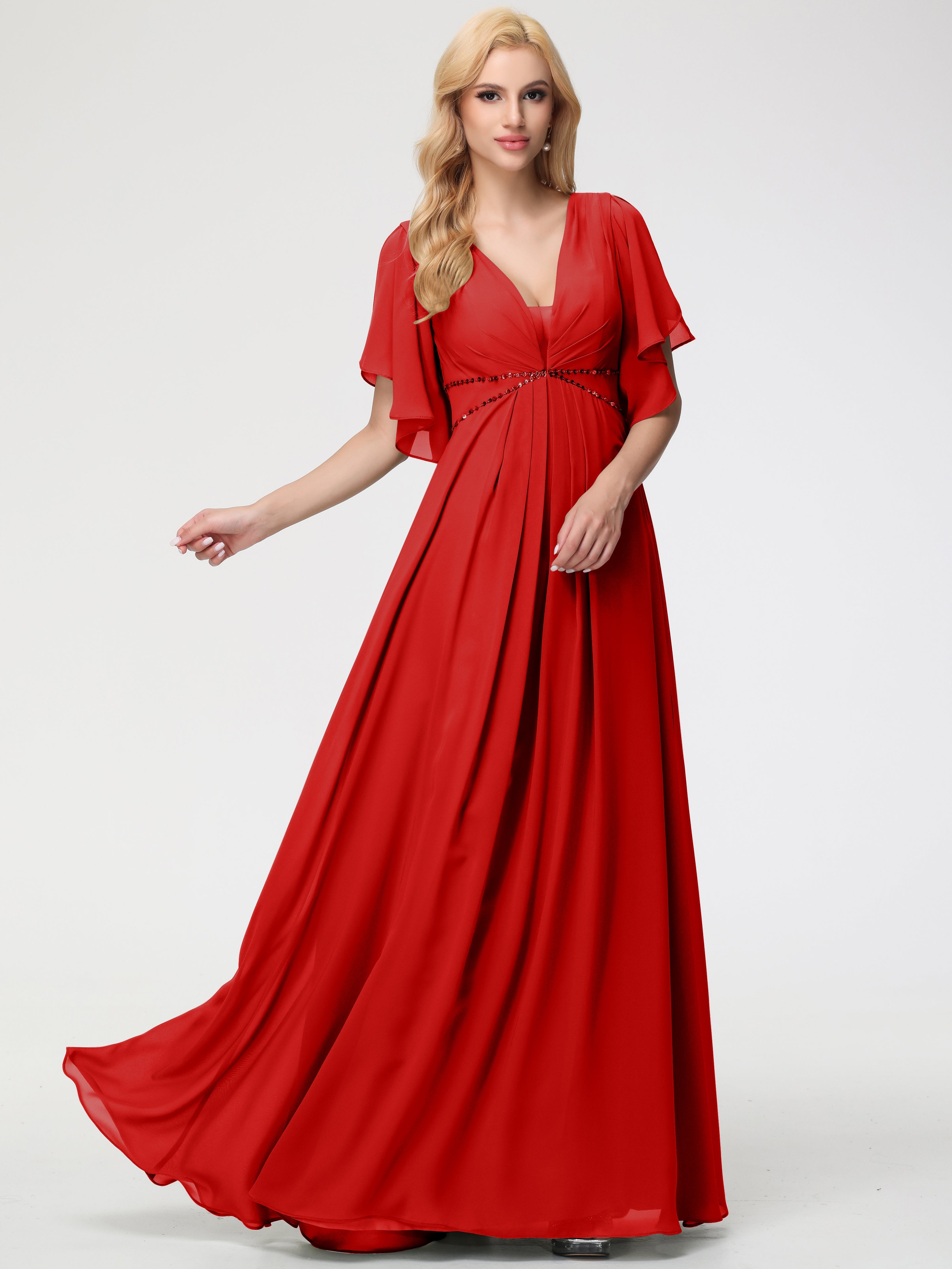 Robe Demoiselle D Honneur Rouge Col V Manches À Volants Fourreau/Colonne Mousseline Robe Demoiselle D'Honneur