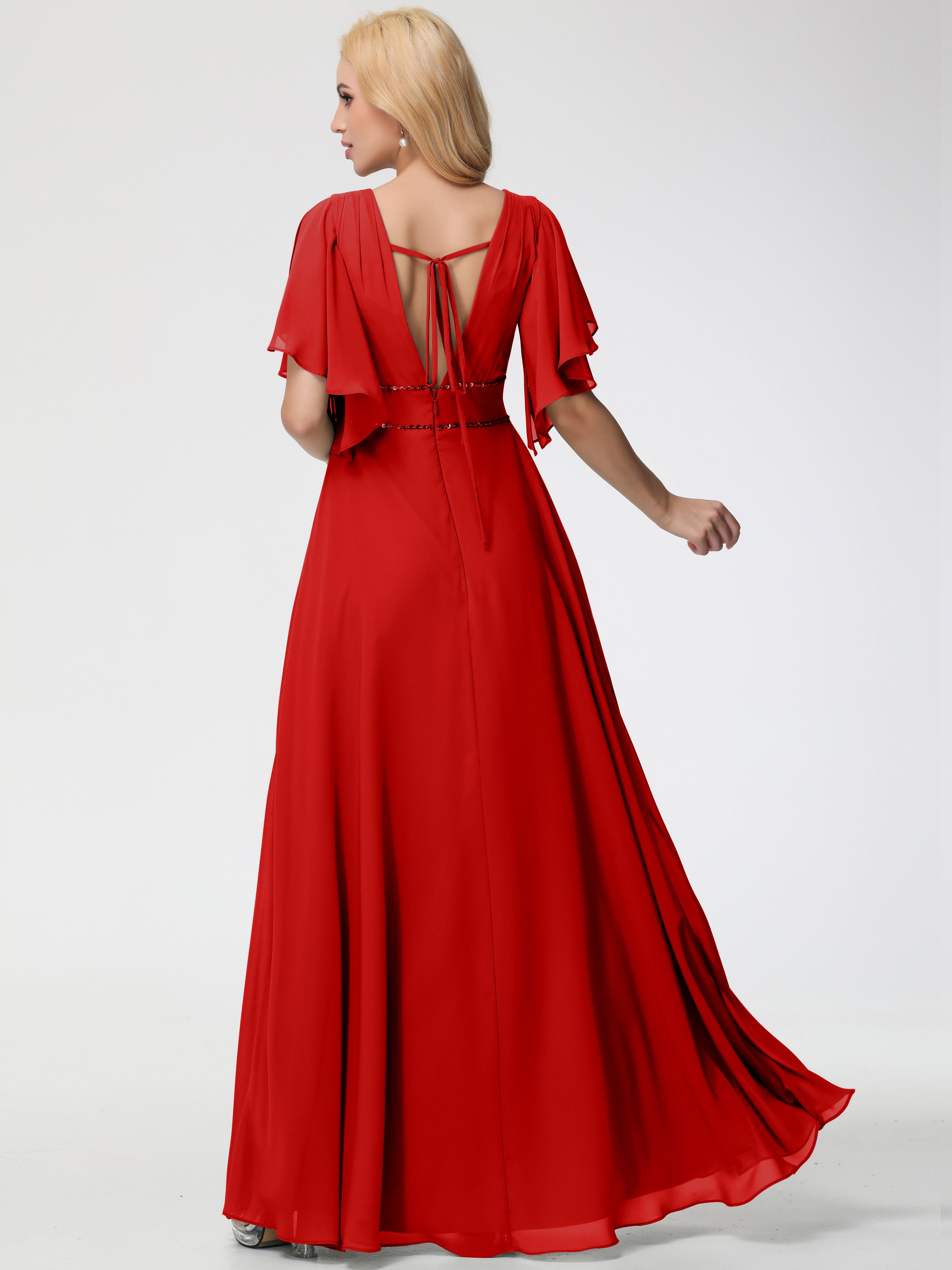 Robe Demoiselle D Honneur Rouge Col V Manches À Volants Fourreau/Colonne Mousseline Robe Demoiselle D'Honneur