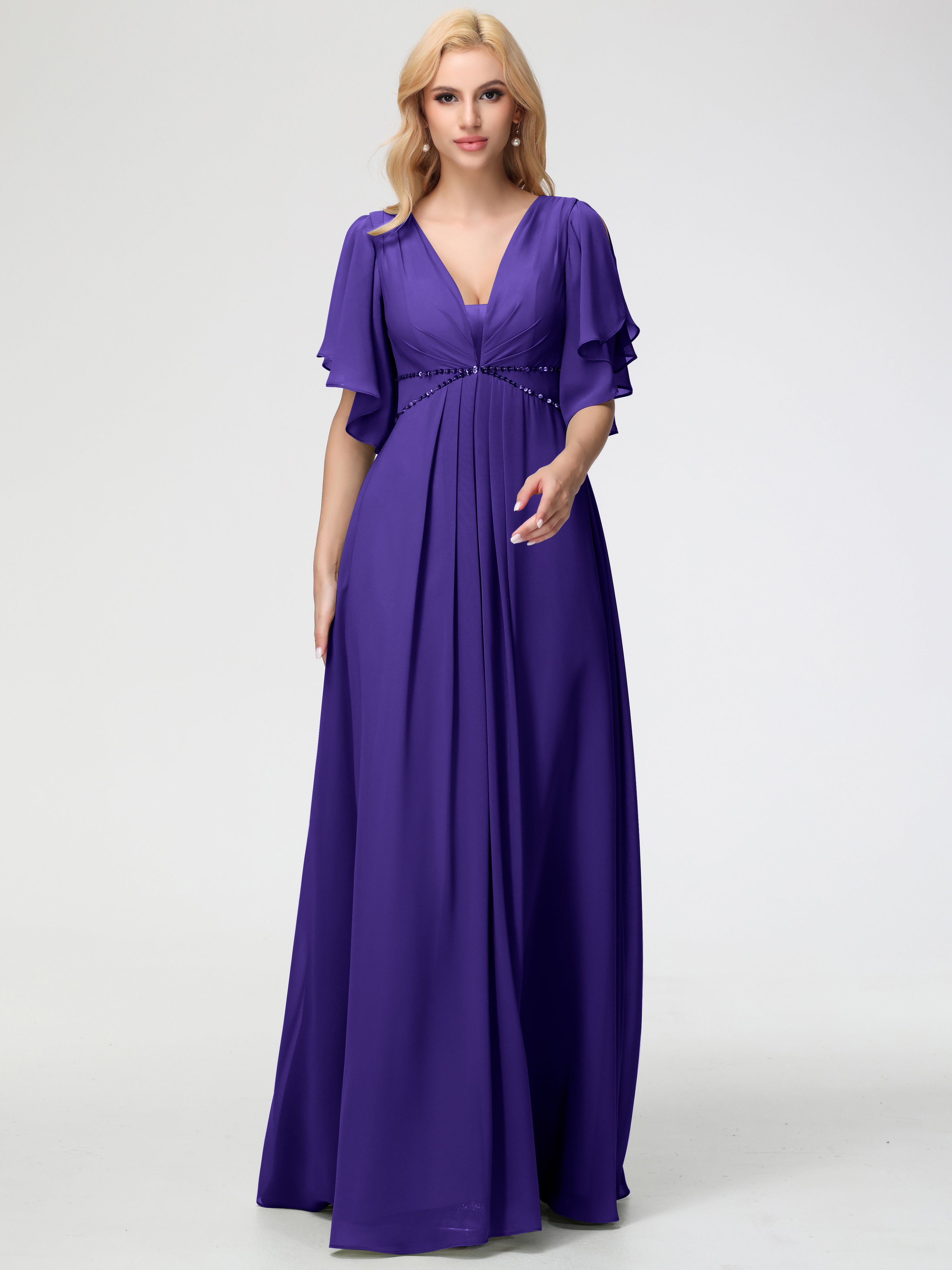 Robes De Demoiselle D'Honneur En Régence Col V Manches À Volants Fourreau/Colonne Mousseline Robe Demoiselle D'Honneur