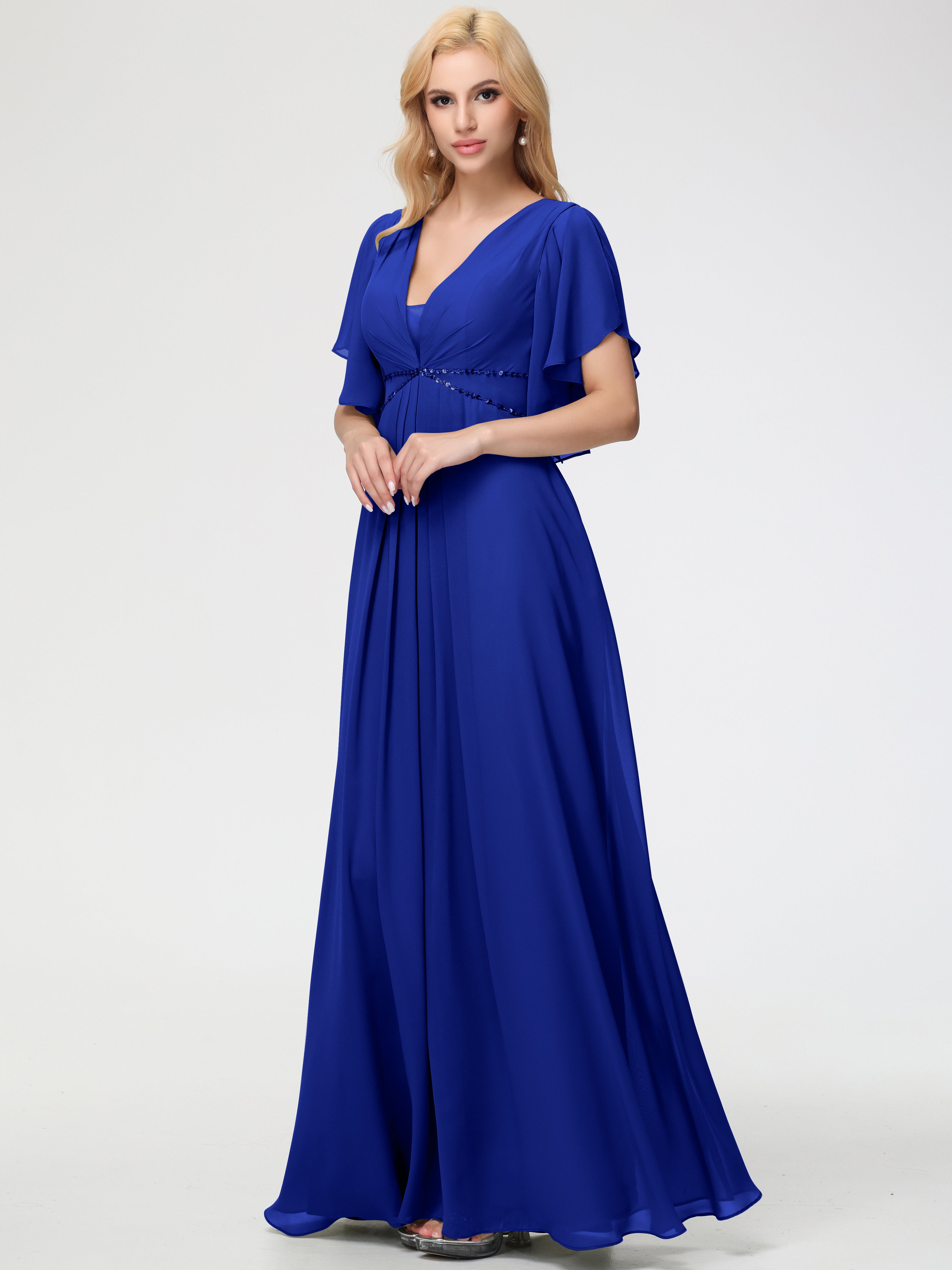 Robe Demoiselle D Honneur Bleu Royal Col V Manches À Volants Fourreau/Colonne Mousseline Robe Demoiselle D'Honneur