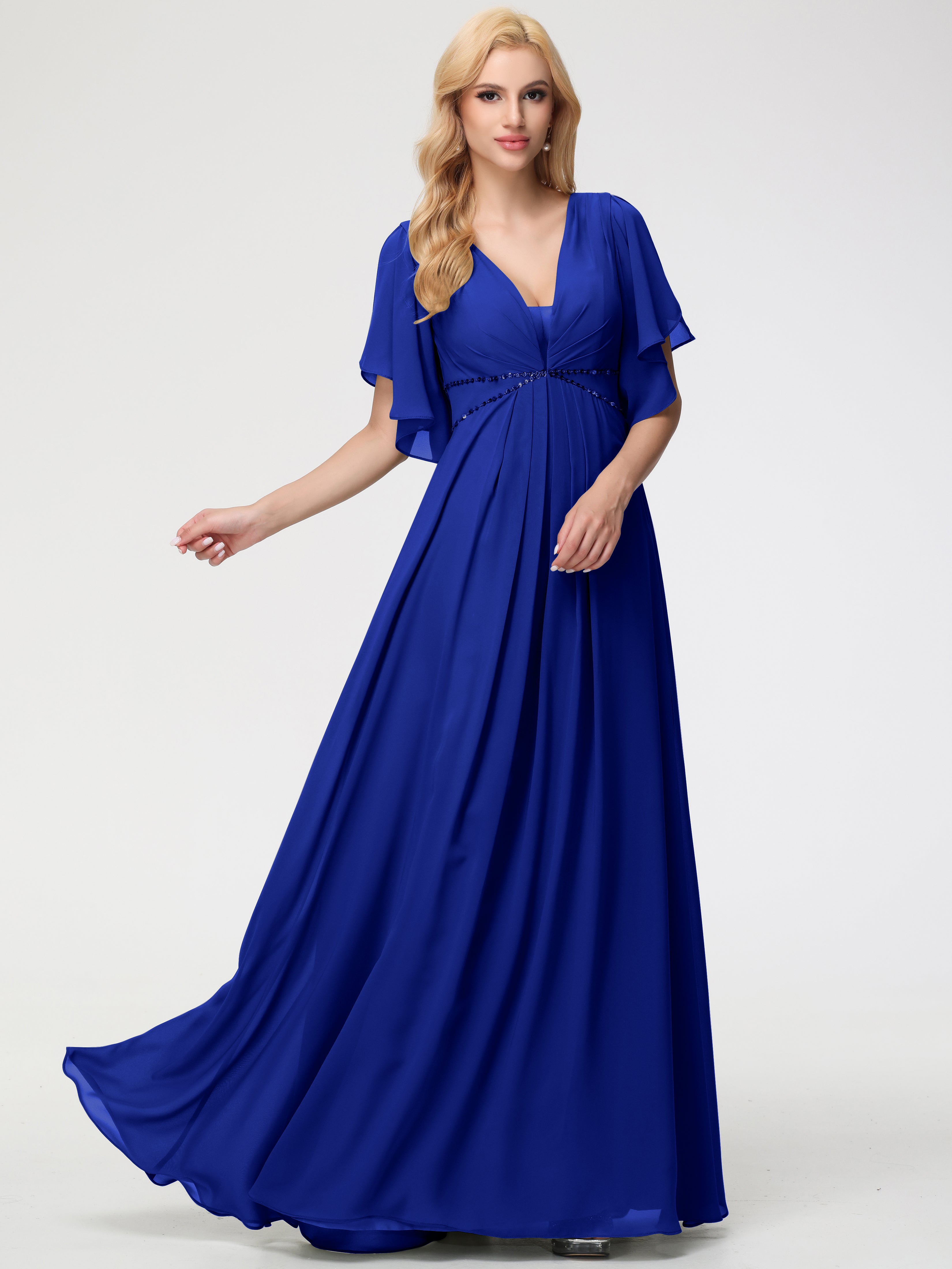 Robe Demoiselle D Honneur Bleu Royal Col V Manches À Volants Fourreau/Colonne Mousseline Robe Demoiselle D'Honneur