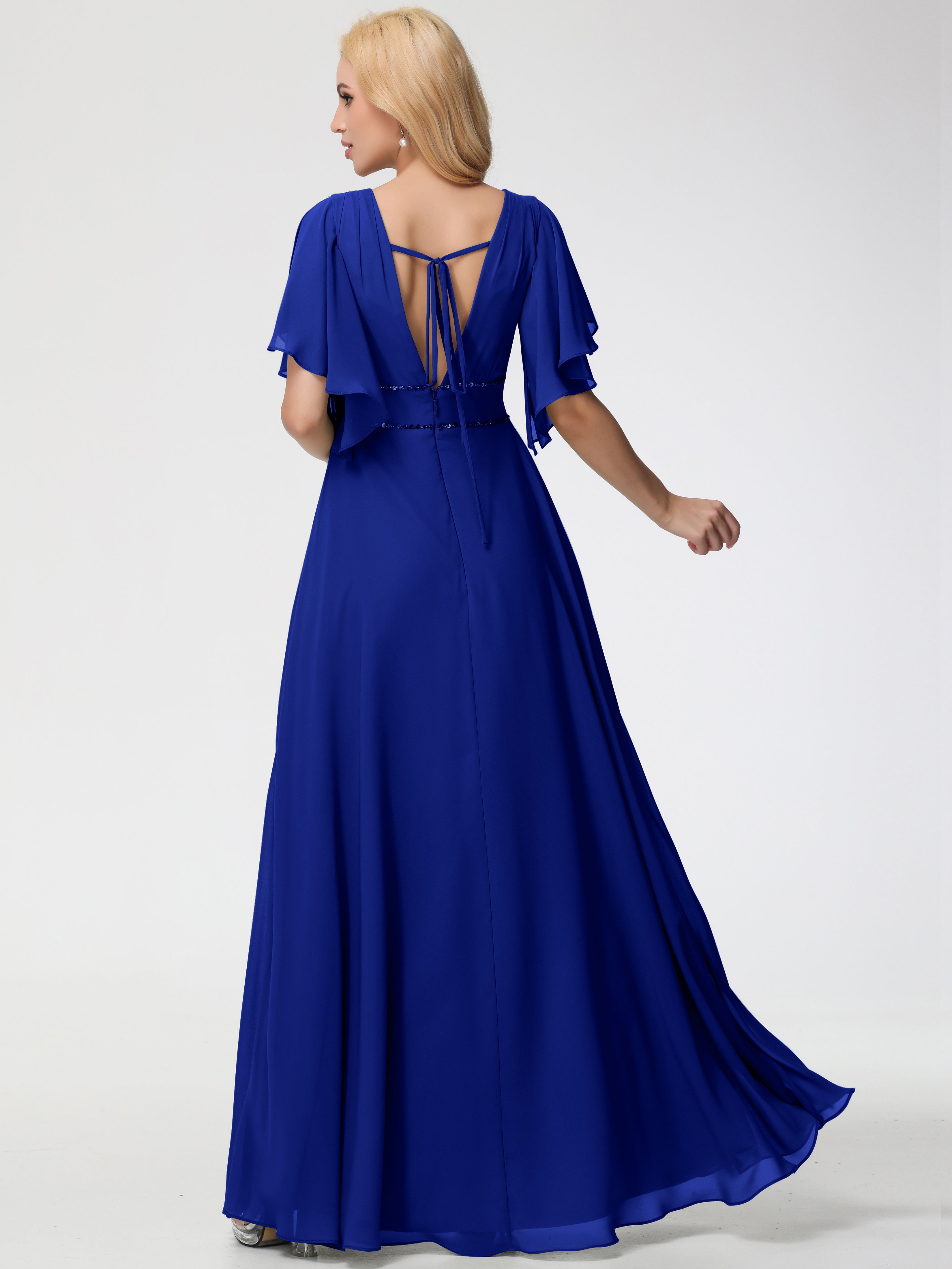 Robe Demoiselle D Honneur Bleu Royal Col V Manches À Volants Fourreau/Colonne Mousseline Robe Demoiselle D'Honneur