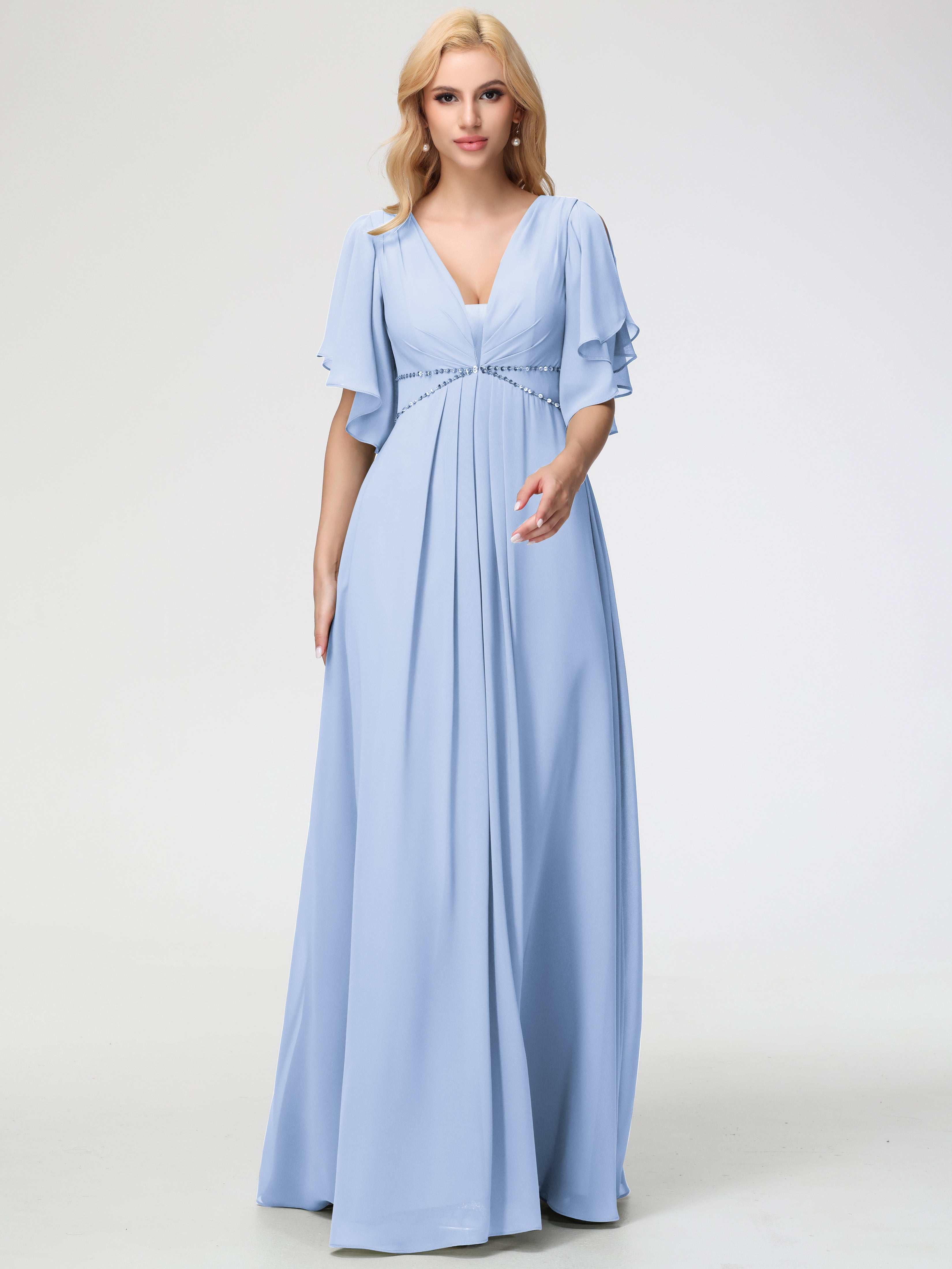 Robe Demoiselle D Honneur Bleu Ciel Col V Manches À Volants Fourreau/Colonne Mousseline Robe Demoiselle D'Honneur