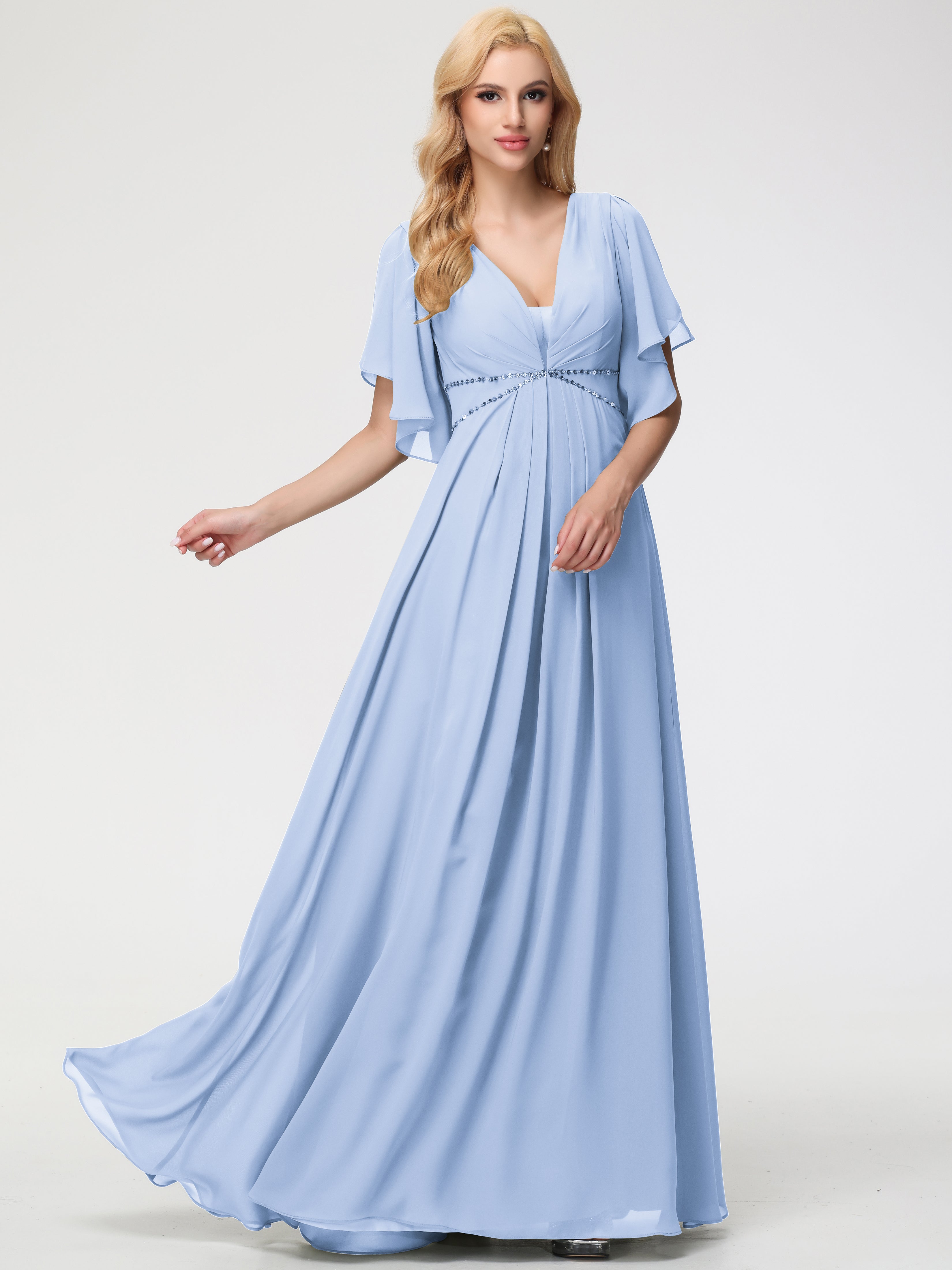 Robe Demoiselle D Honneur Bleu Ciel Col V Manches À Volants Fourreau/Colonne Mousseline Robe Demoiselle D'Honneur