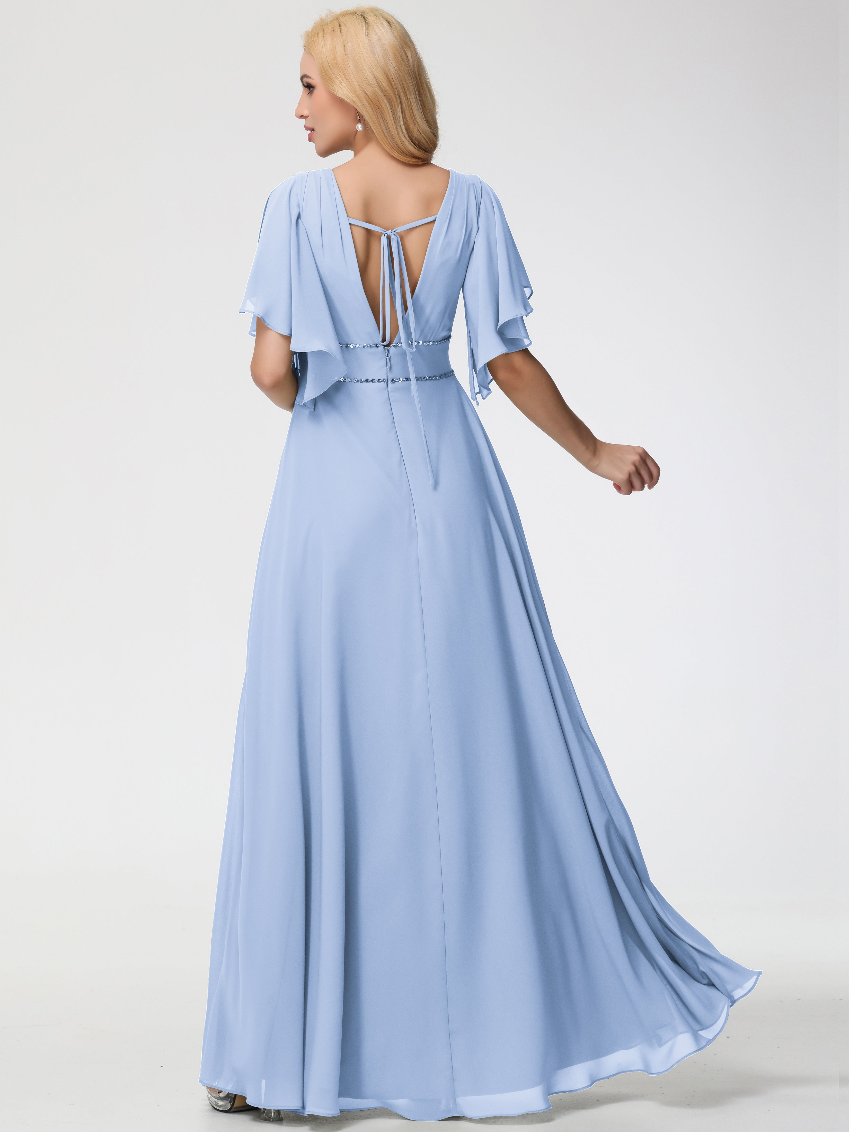 Robe Demoiselle D Honneur Bleu Ciel Col V Manches À Volants Fourreau/Colonne Mousseline Robe Demoiselle D'Honneur
