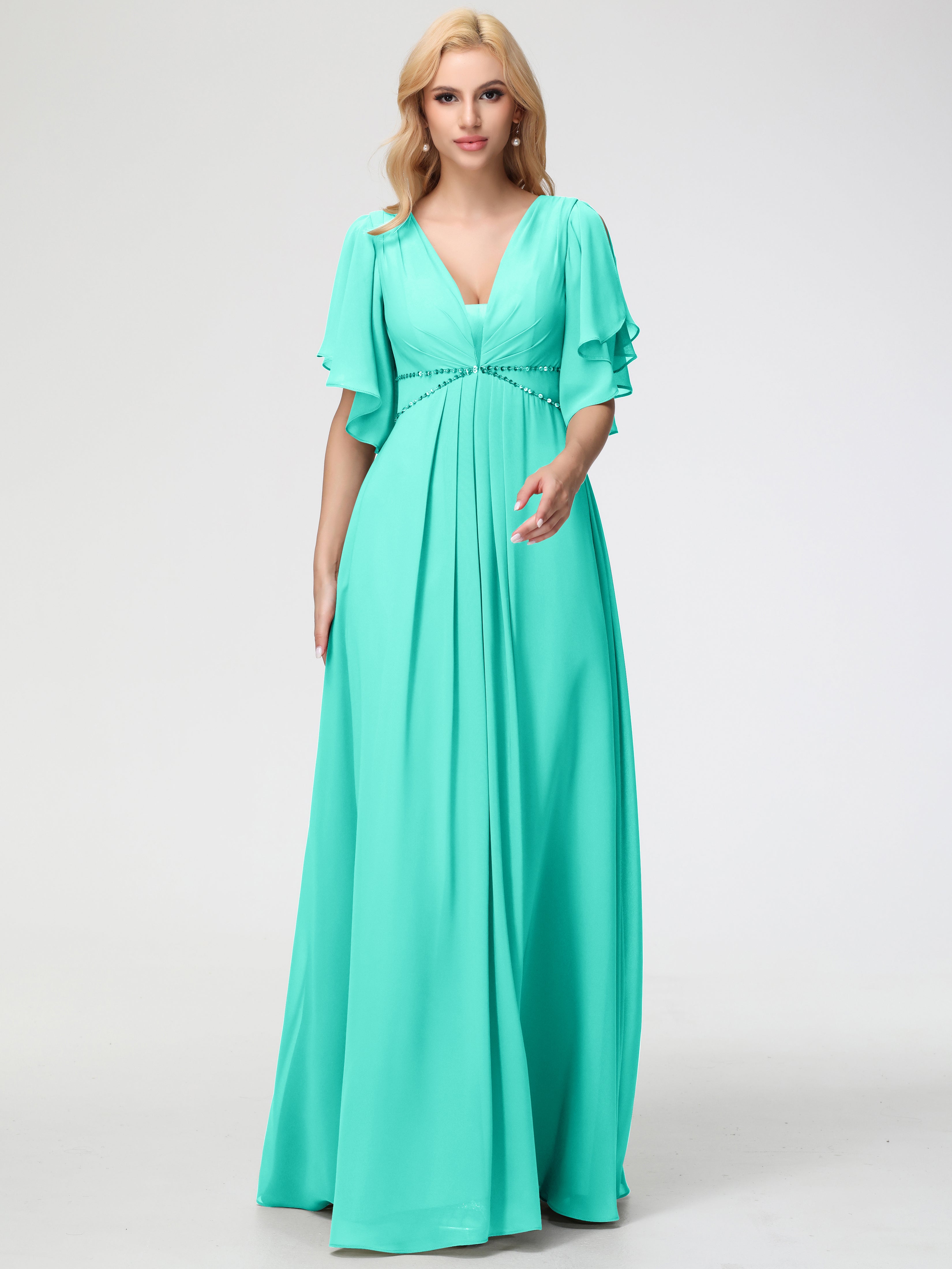 Robes De Demoiselle D'Honneur Spa Col V Manches À Volants Fourreau/Colonne Mousseline Robe Demoiselle D'Honneur