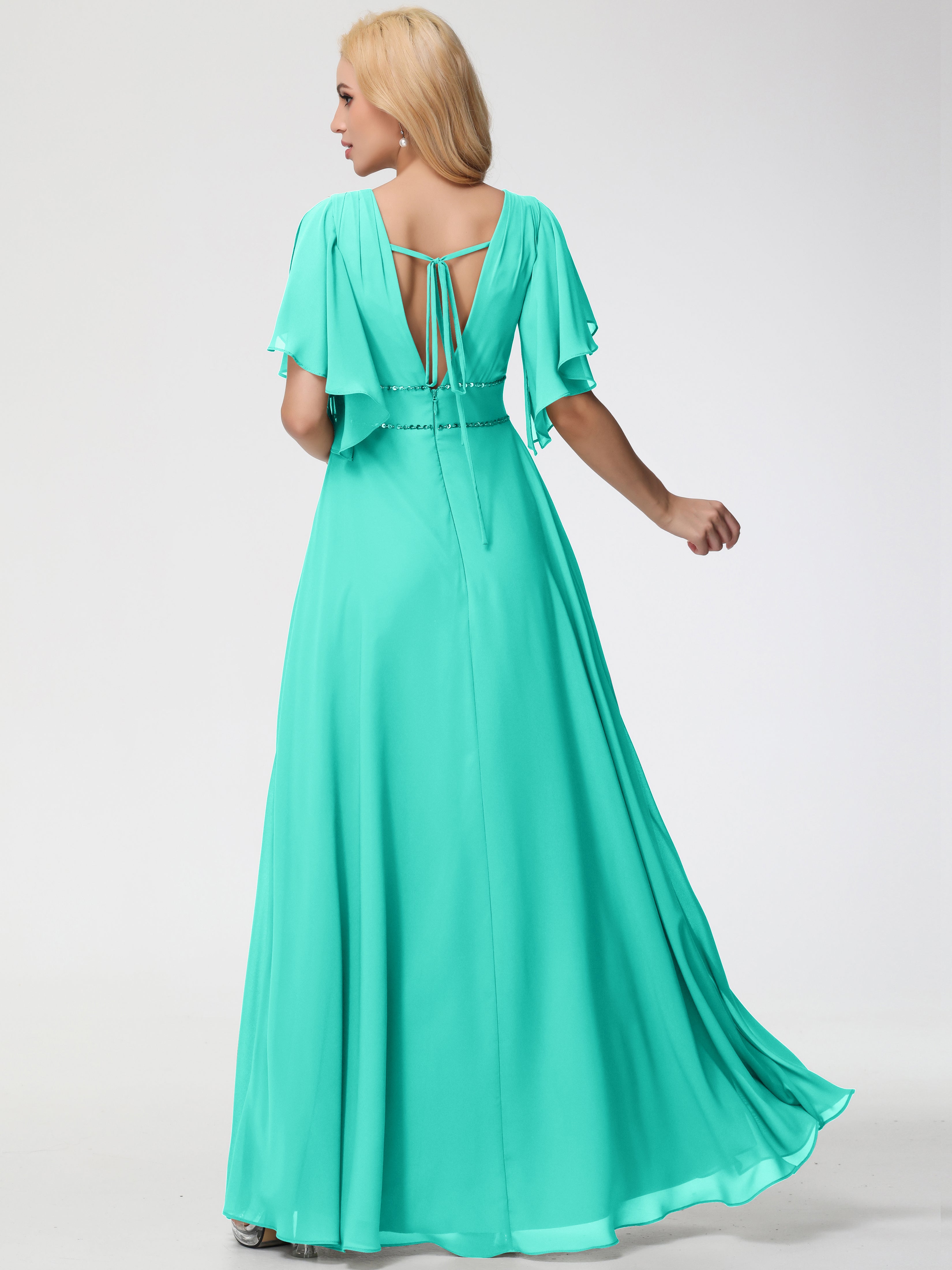 Robes De Demoiselle D'Honneur Spa Col V Manches À Volants Fourreau/Colonne Mousseline Robe Demoiselle D'Honneur