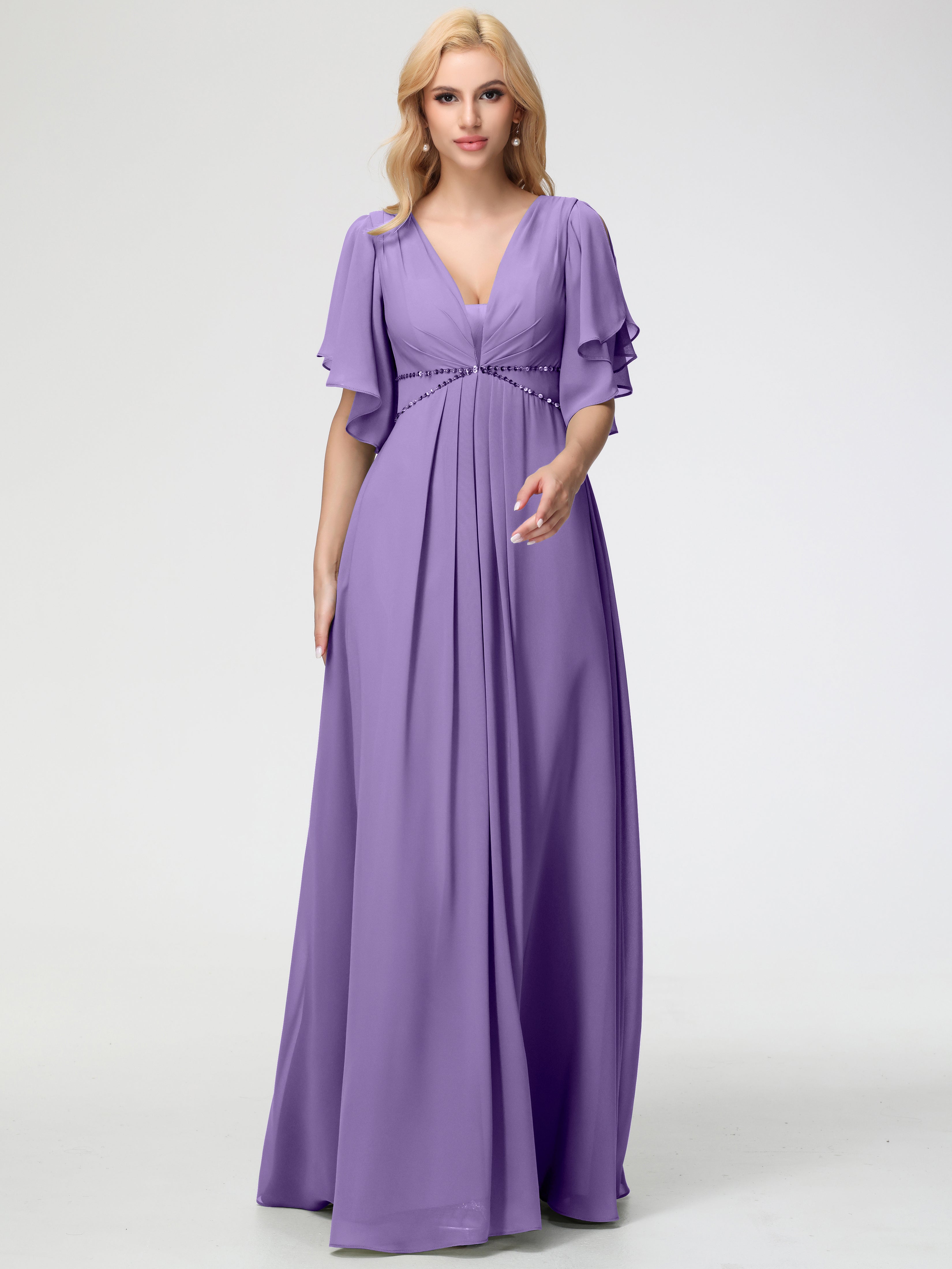 Robes De Demoiselle D'Honneur Tahiti Col V Manches À Volants Fourreau/Colonne Mousseline Robe Demoiselle D'Honneur