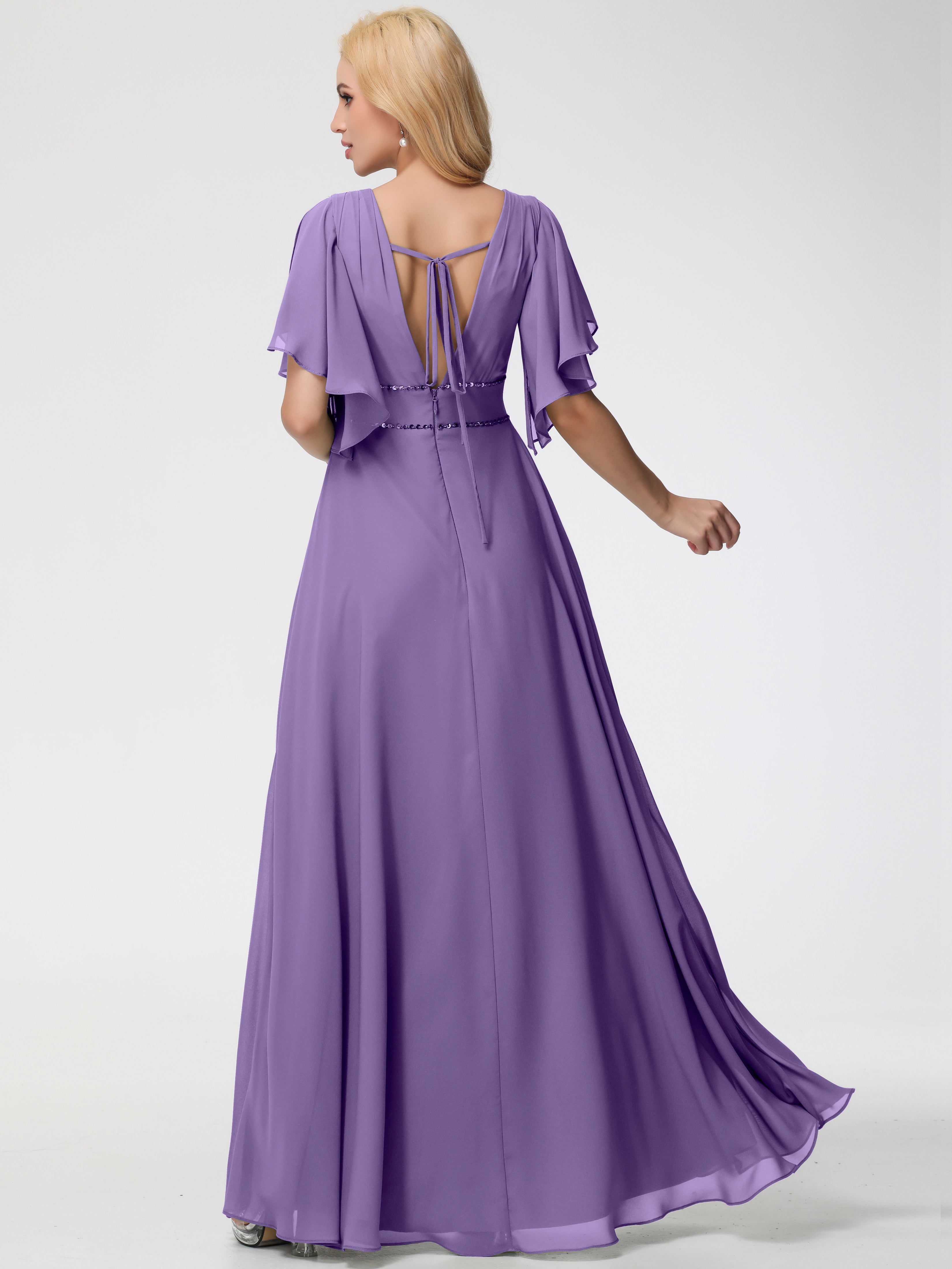 Robes De Demoiselle D'Honneur Tahiti Col V Manches À Volants Fourreau/Colonne Mousseline Robe Demoiselle D'Honneur