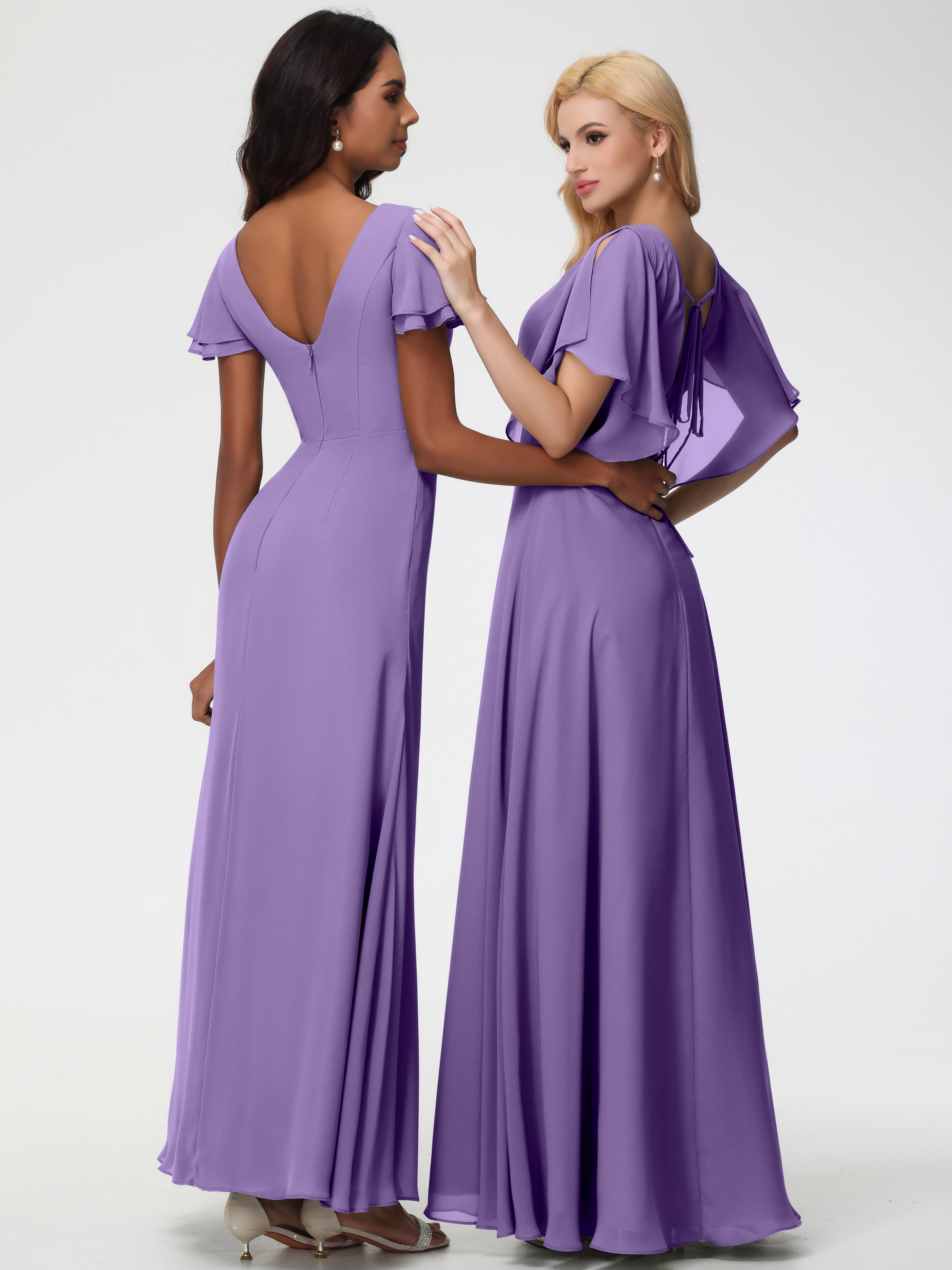Robes De Demoiselle D'Honneur Tahiti Col V Manches À Volants Fourreau/Colonne Mousseline Robe Demoiselle D'Honneur