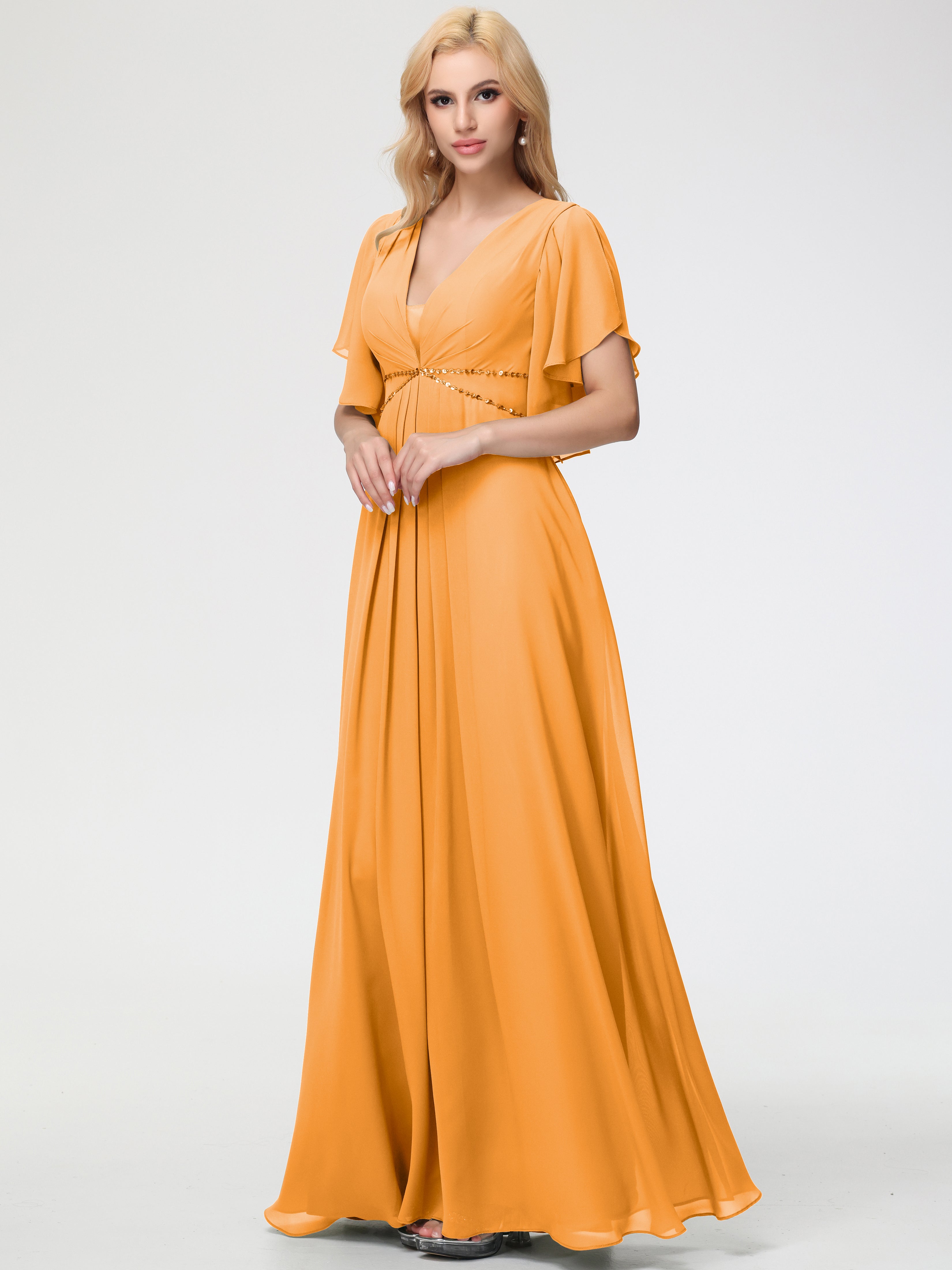 Robes De Demoiselle D'Honneur Mandarine Col V Manches À Volants Fourreau/Colonne Mousseline Robe Demoiselle D'Honneur