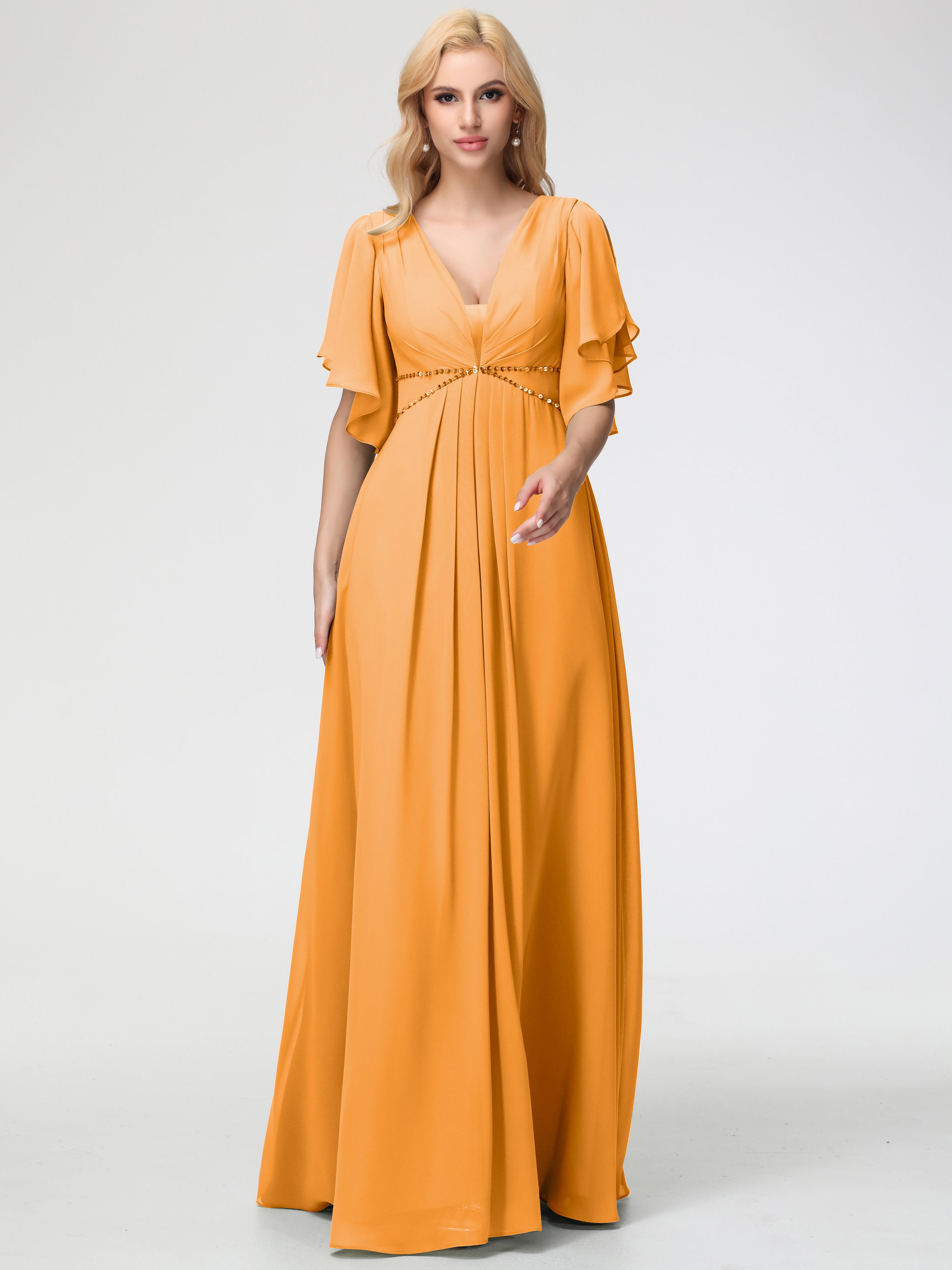 Robes De Demoiselle D'Honneur Mandarine Col V Manches À Volants Fourreau/Colonne Mousseline Robe Demoiselle D'Honneur