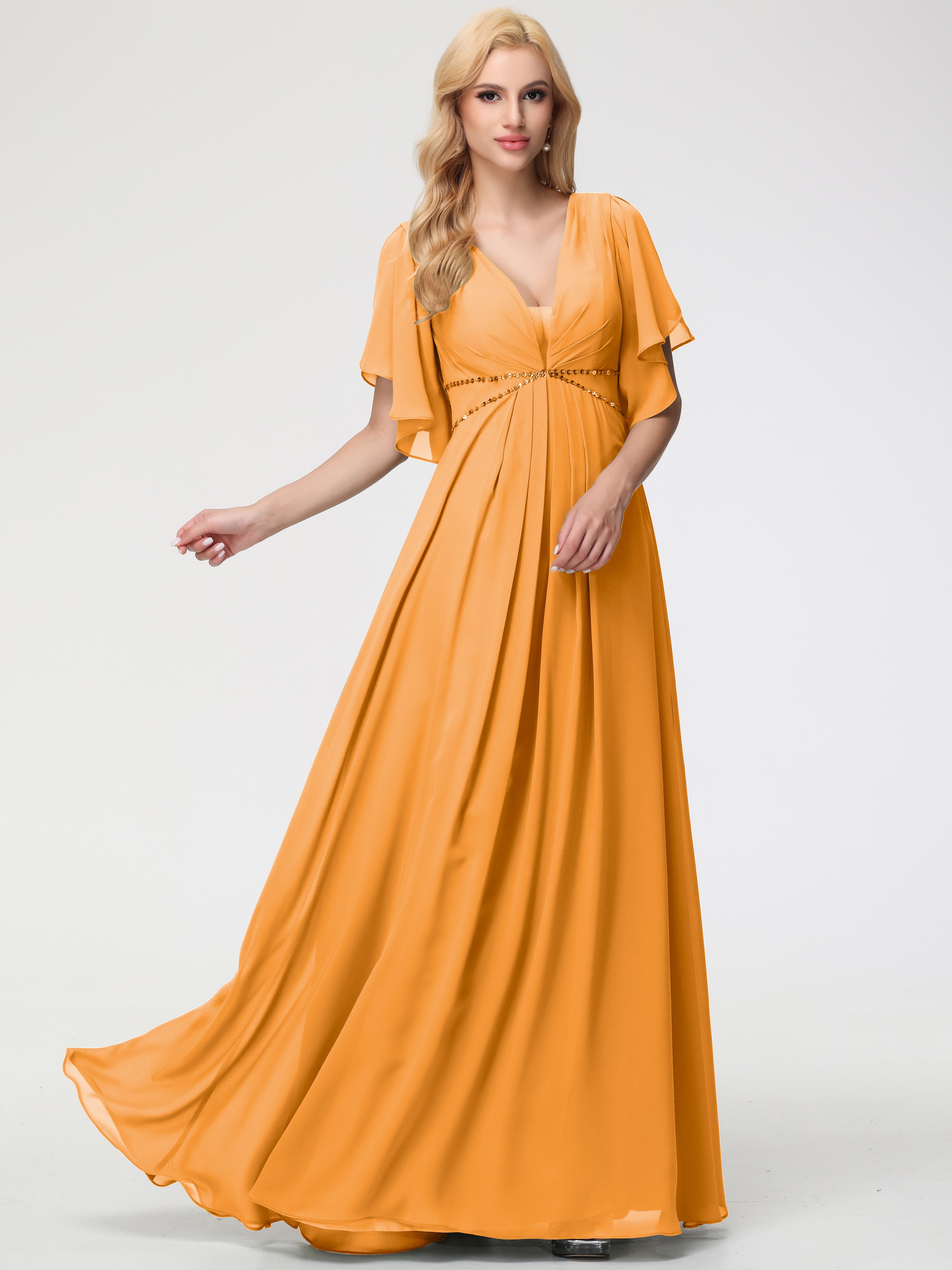 Robes De Demoiselle D'Honneur Mandarine Col V Manches À Volants Fourreau/Colonne Mousseline Robe Demoiselle D'Honneur