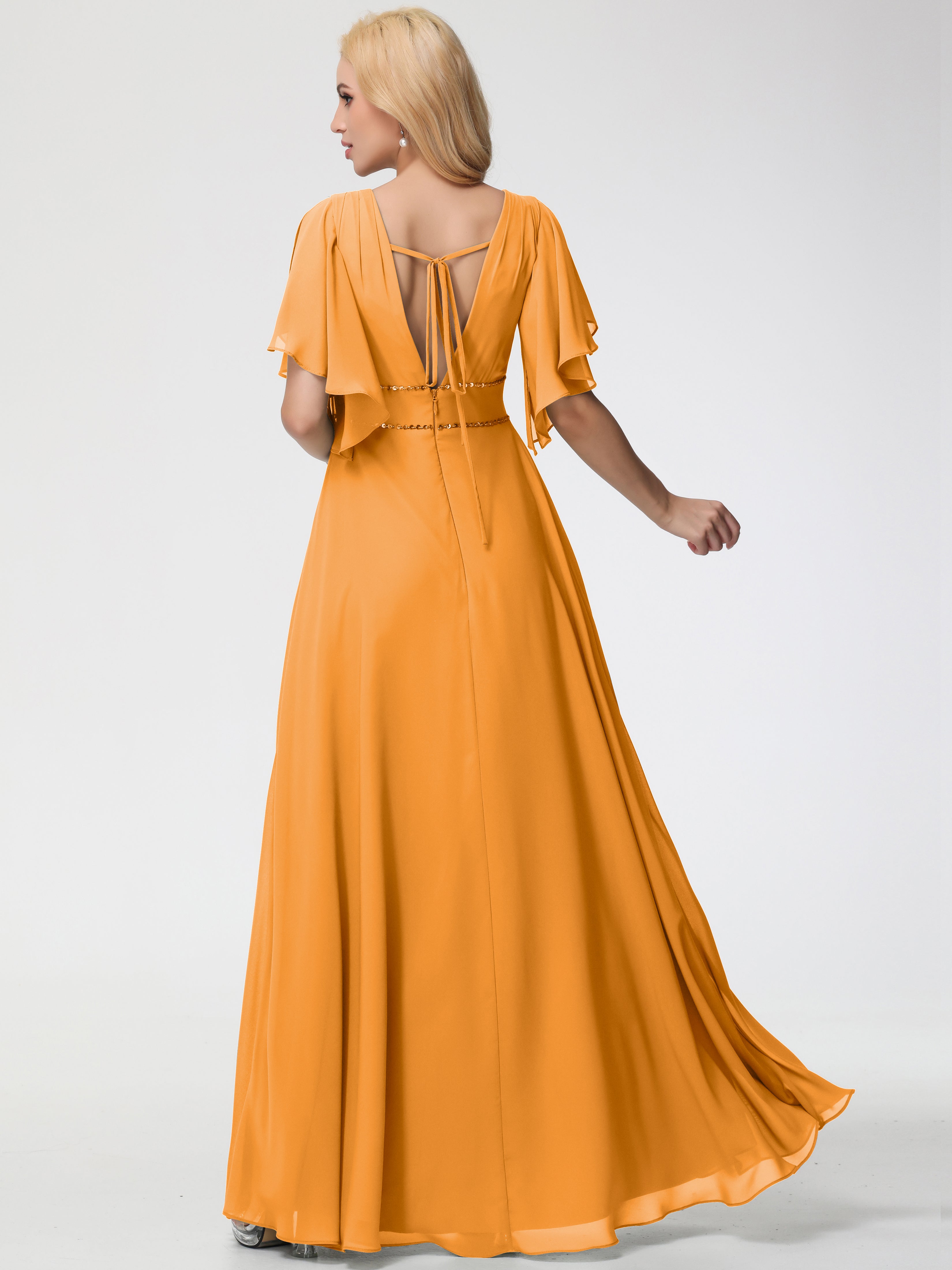 Robes De Demoiselle D'Honneur Mandarine Col V Manches À Volants Fourreau/Colonne Mousseline Robe Demoiselle D'Honneur