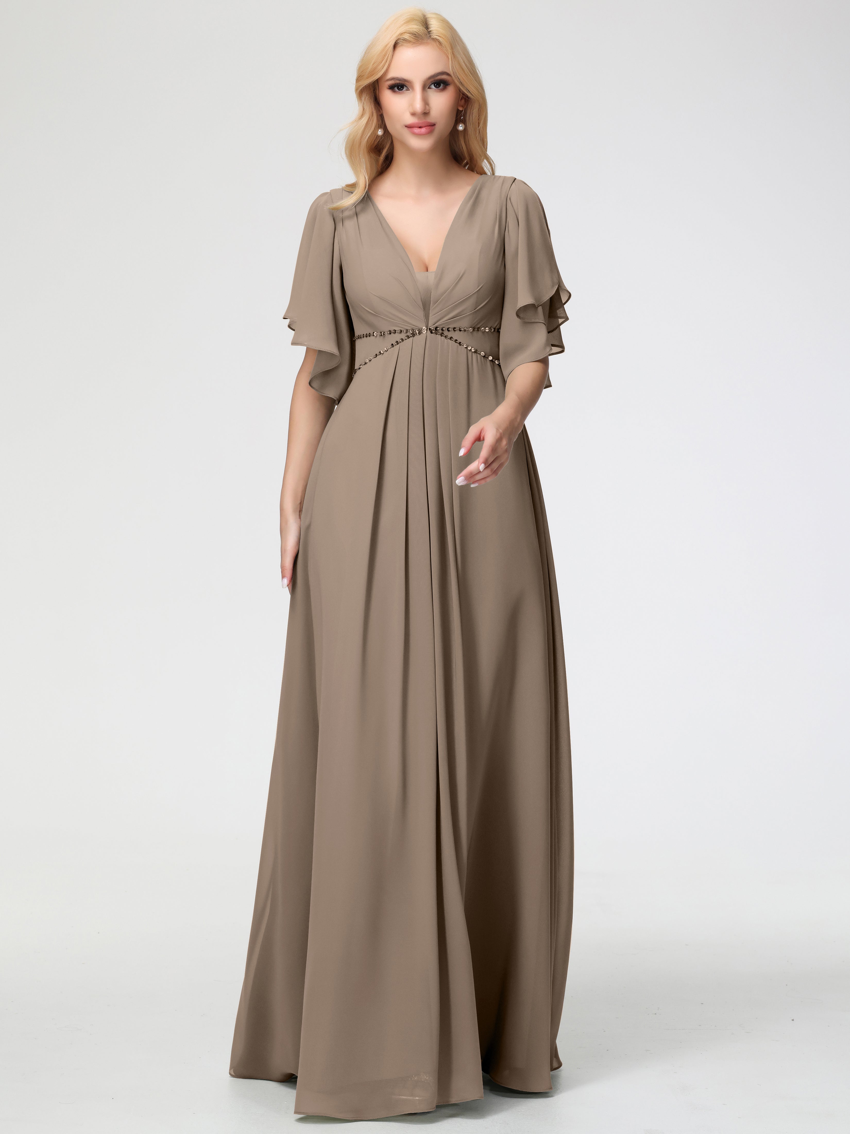 Robe Demoiselle D Honneur Taupe Col V Manches À Volants Fourreau/Colonne Mousseline Robe Demoiselle D'Honneur