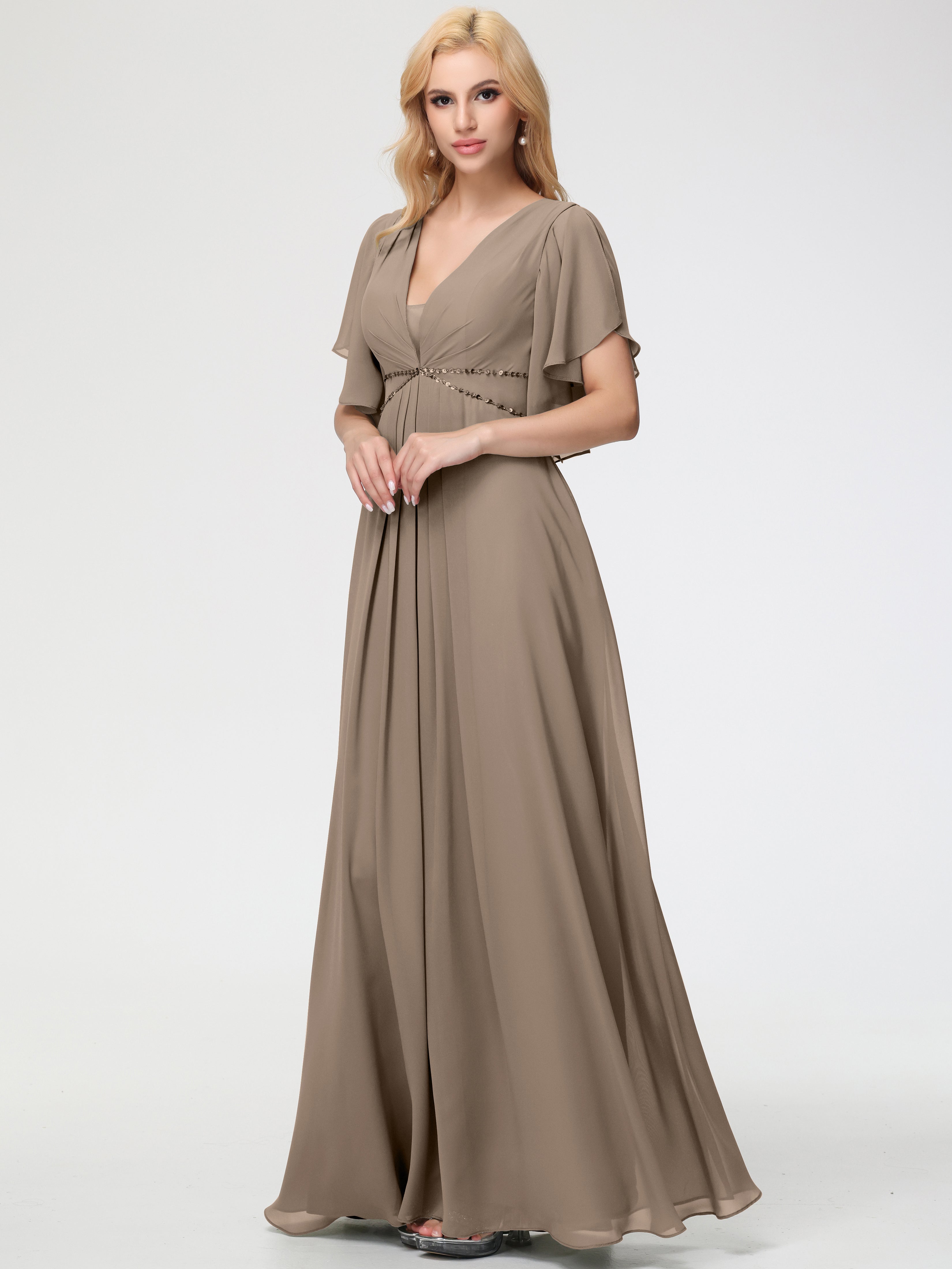 Robe Demoiselle D Honneur Taupe Col V Manches À Volants Fourreau/Colonne Mousseline Robe Demoiselle D'Honneur