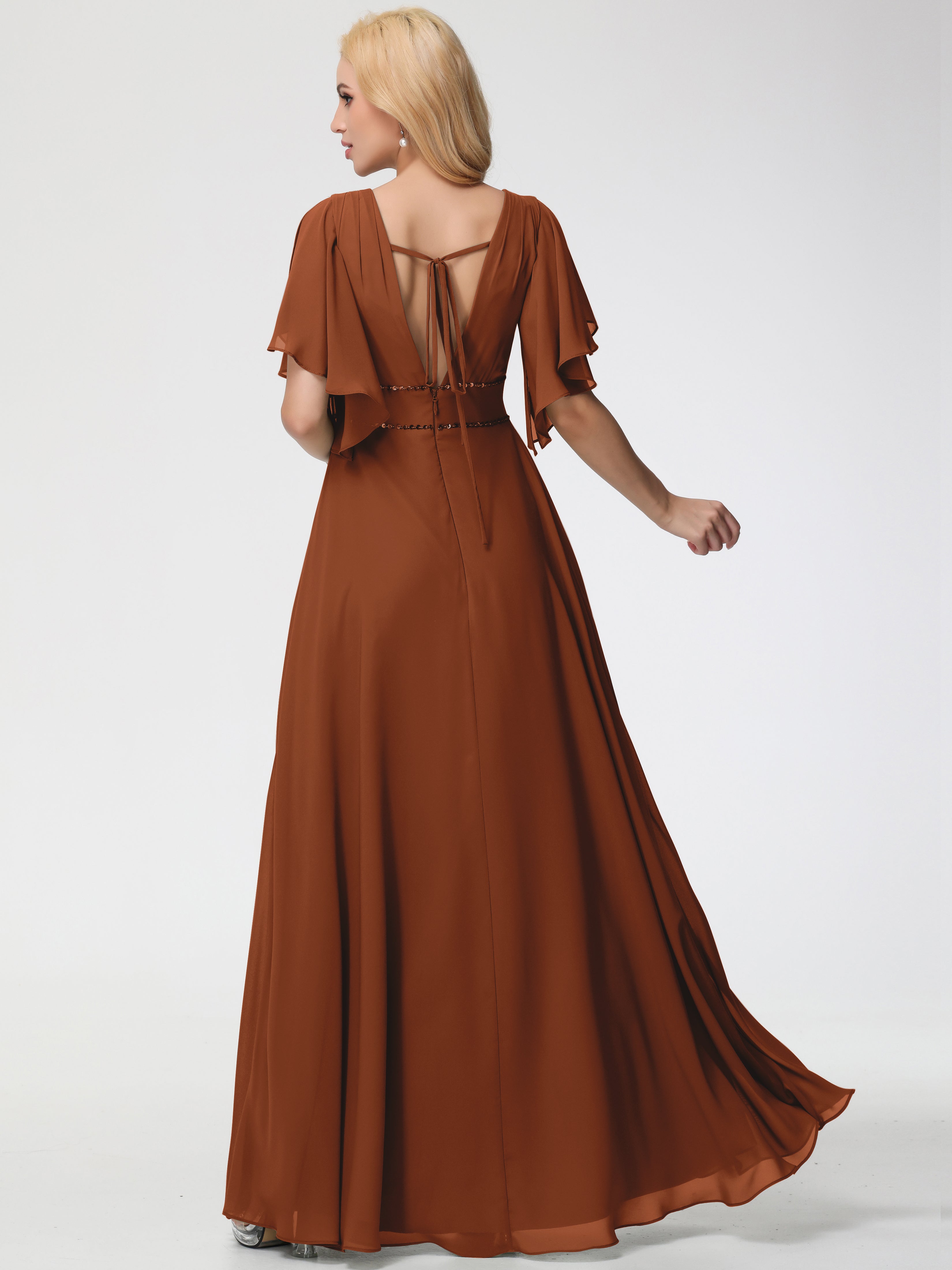 Robe Demoiselle D Honneur Terre Cuite Col V Manches À Volants Fourreau/Colonne Mousseline Robe Demoiselle D'Honneur