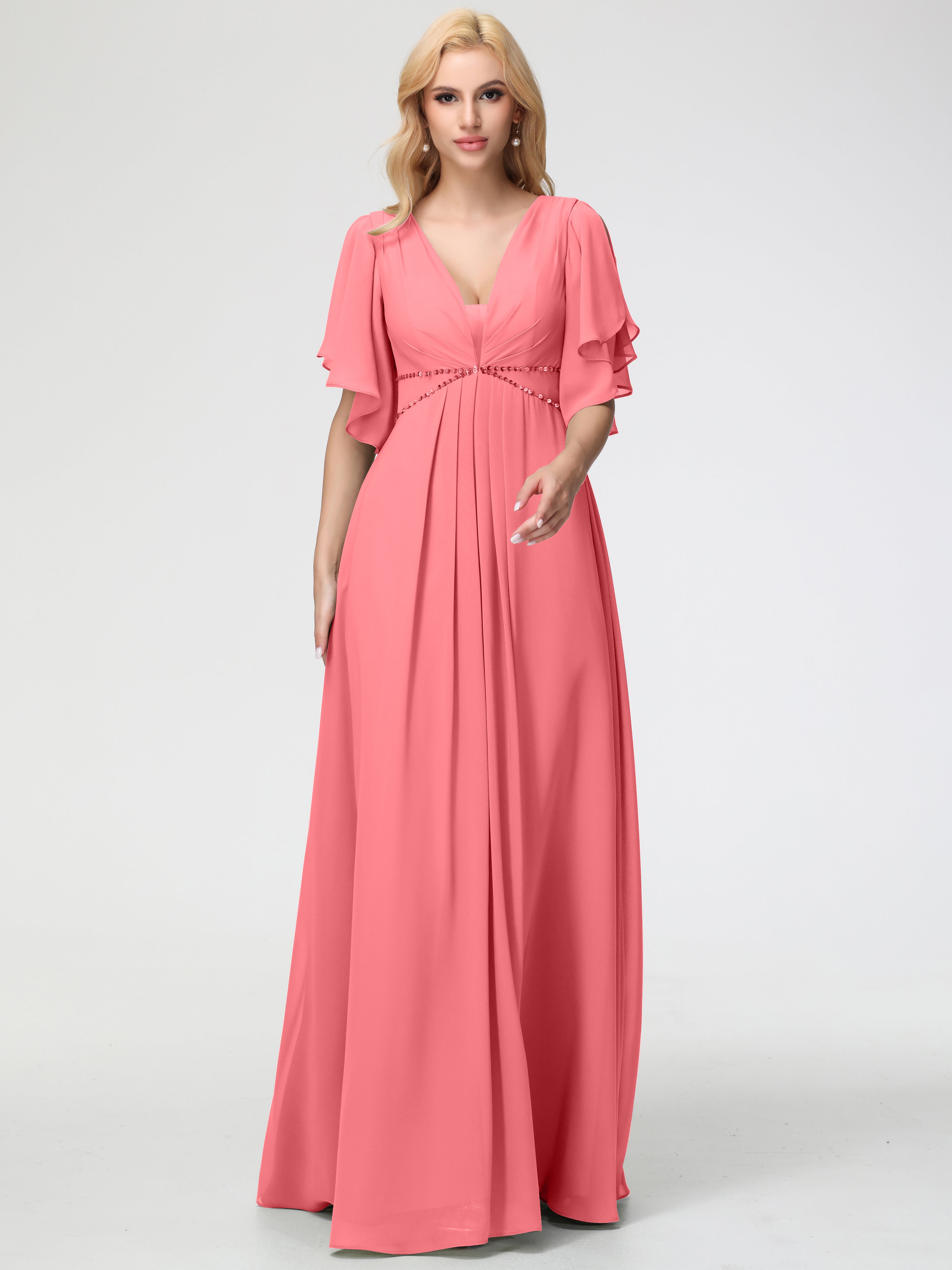 Robes De Demoiselle D'Honneur Pastèque Col V Manches À Volants Fourreau/Colonne Mousseline Robe Demoiselle D'Honneur
