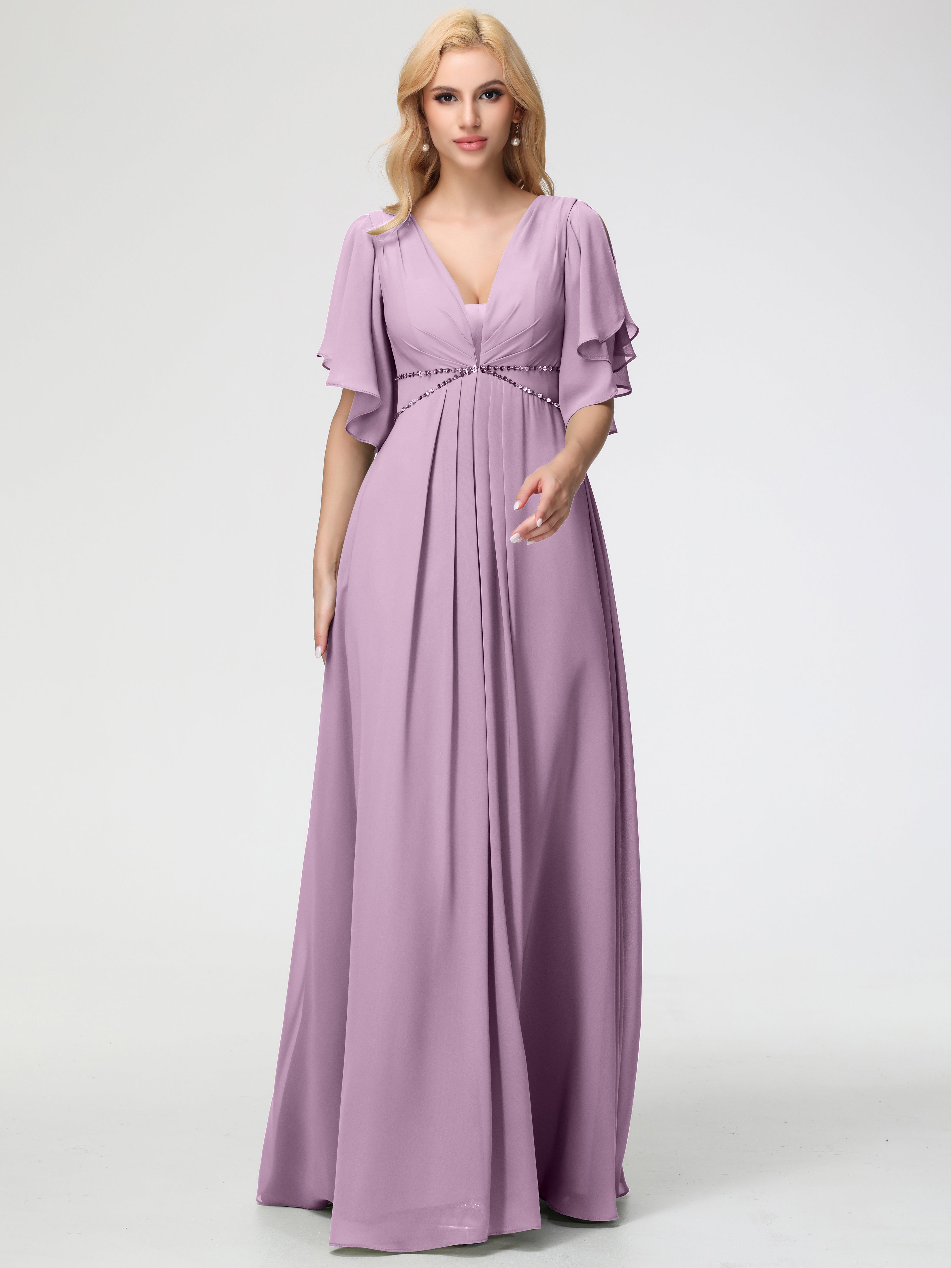 Robes De Demoiselle D'Honneur Glycine Col V Manches À Volants Fourreau/Colonne Mousseline Robe Demoiselle D'Honneur