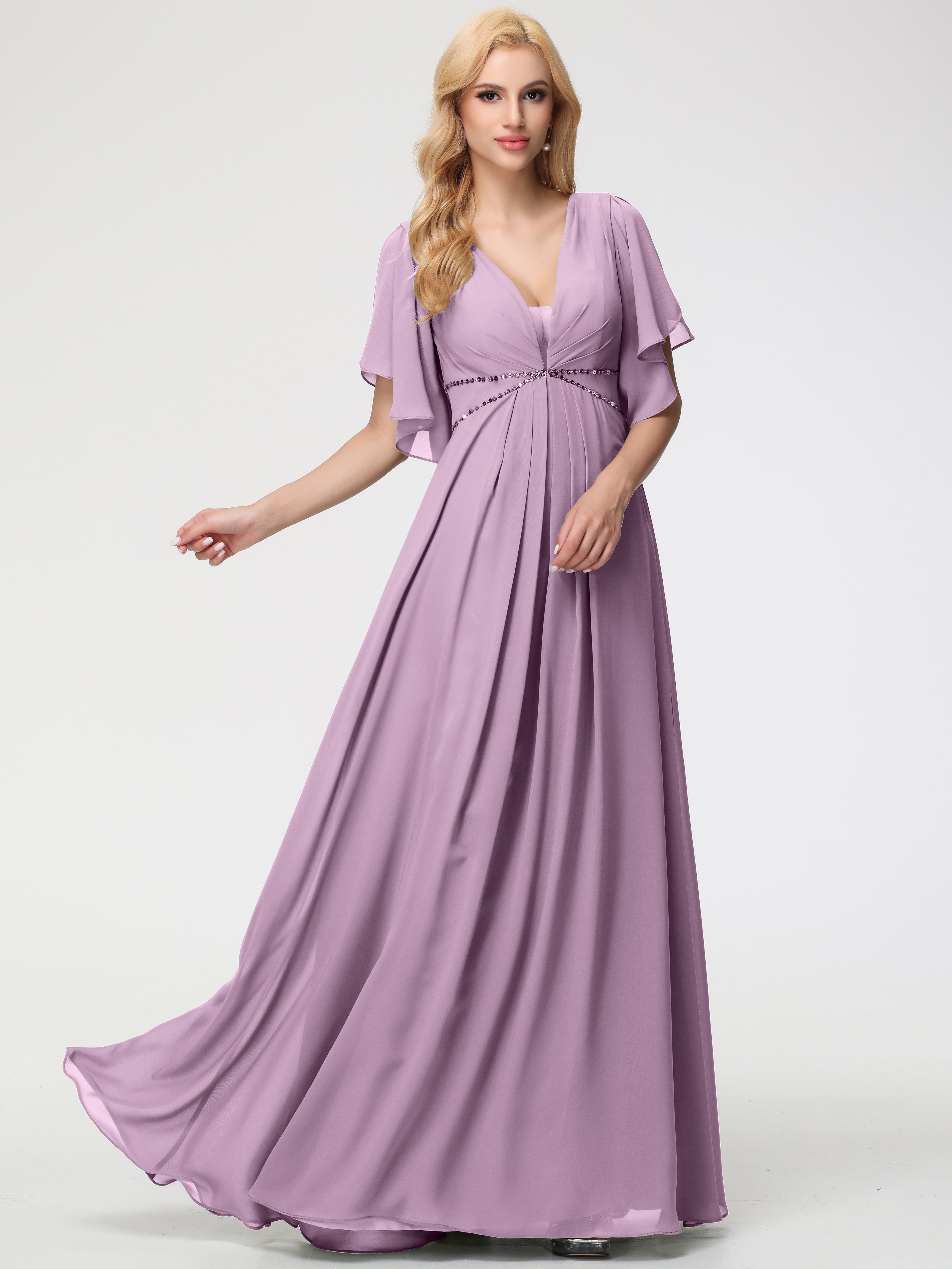 Robes De Demoiselle D'Honneur Glycine Col V Manches À Volants Fourreau/Colonne Mousseline Robe Demoiselle D'Honneur