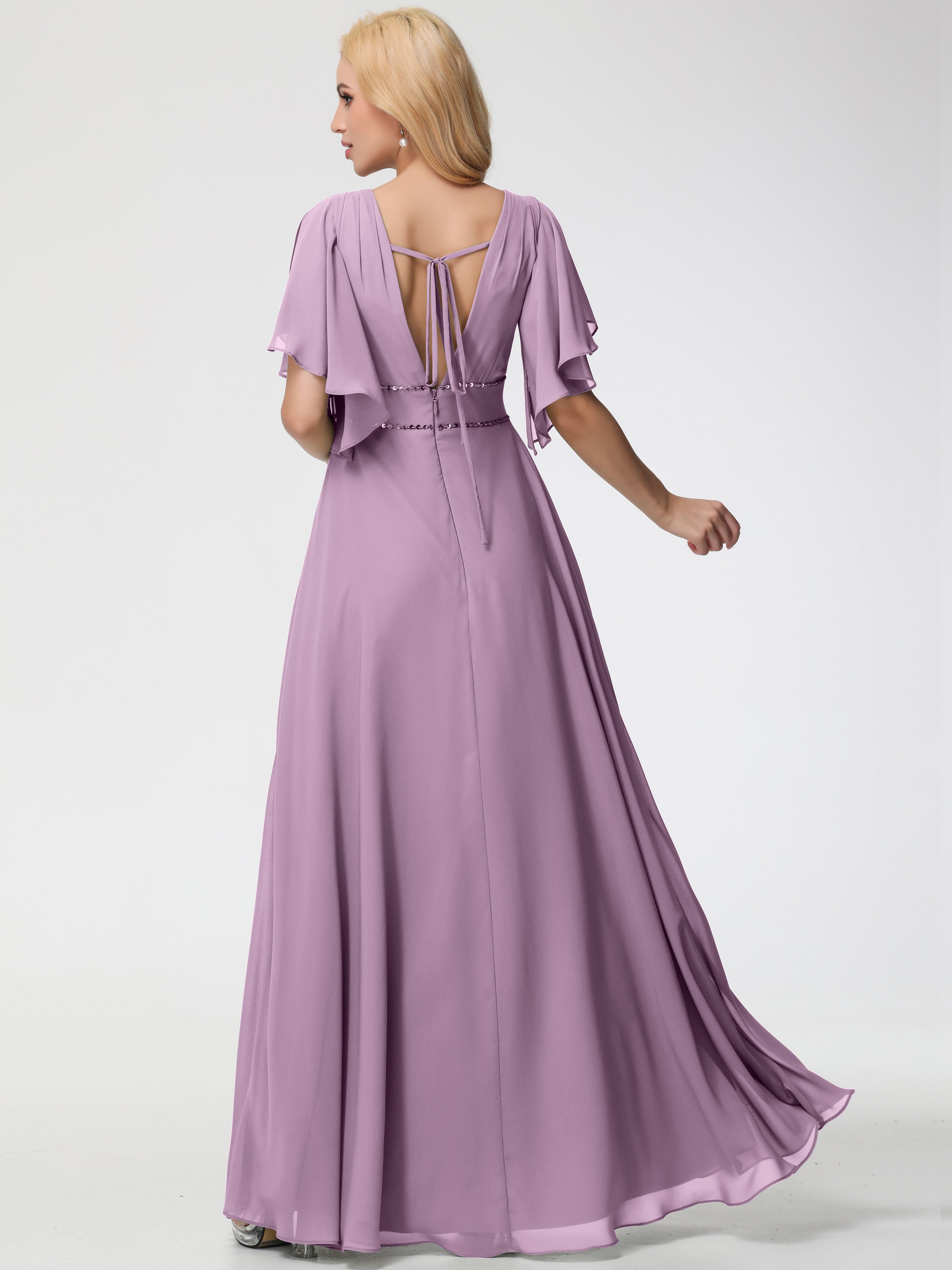 Robes De Demoiselle D'Honneur Glycine Col V Manches À Volants Fourreau/Colonne Mousseline Robe Demoiselle D'Honneur