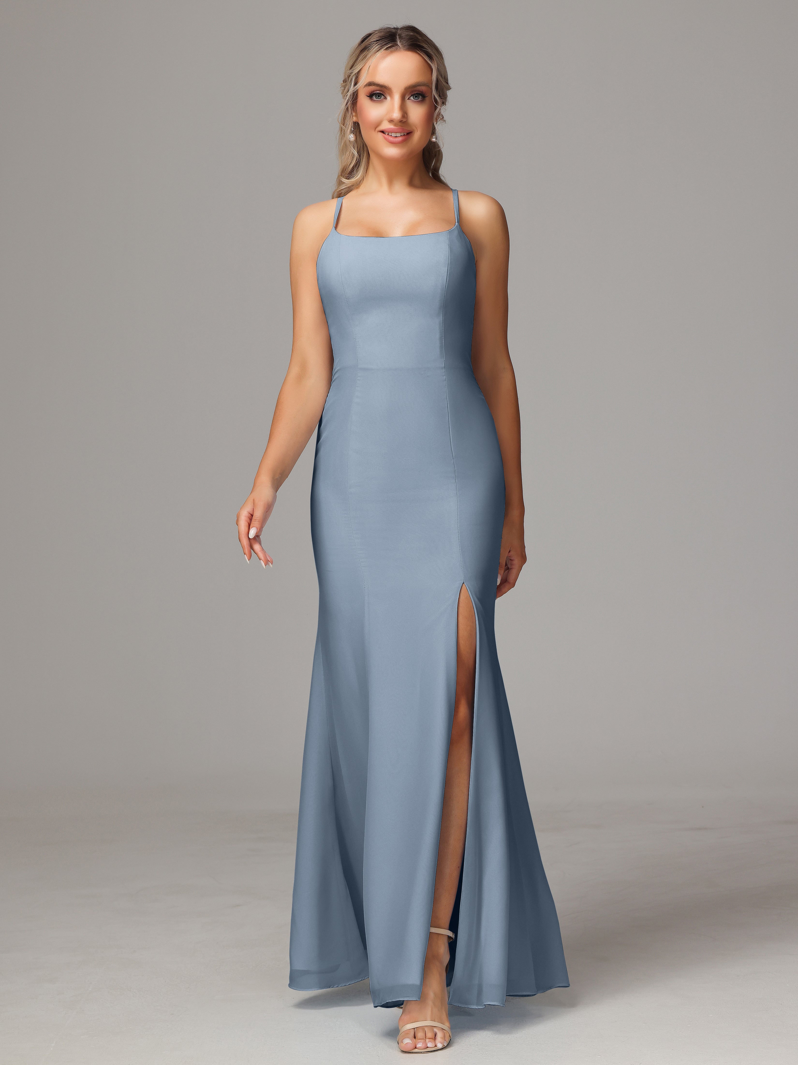 Robes De Demoiselle D'Honneur Bleu Poudre Leticia Fourreau Mousseline Longue Robes Demoiselle D'Honneur