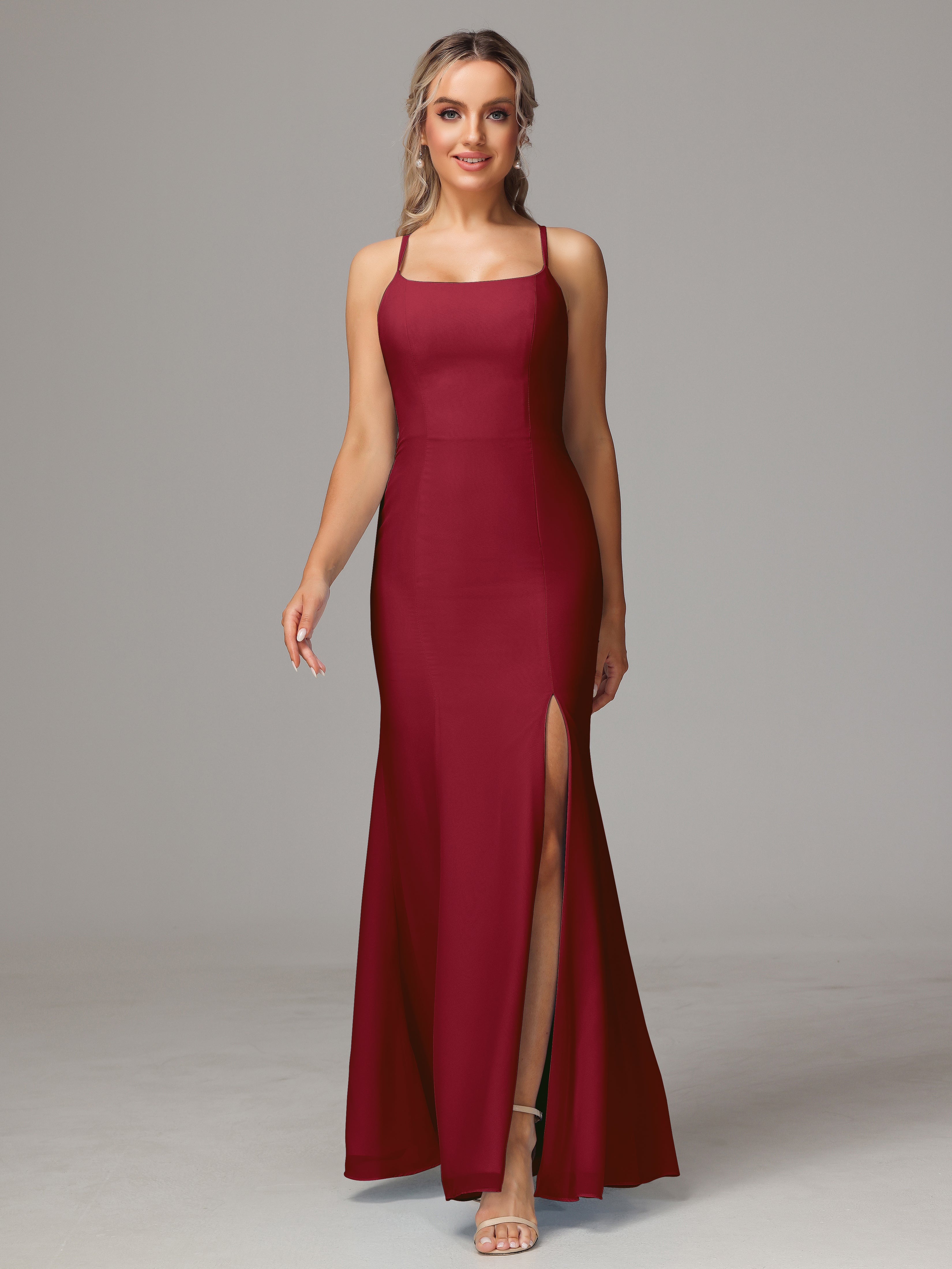 Robes De Demoiselle D'Honneur Bordeaux Leticia Fourreau Mousseline Longue Robes Demoiselle D'Honneur