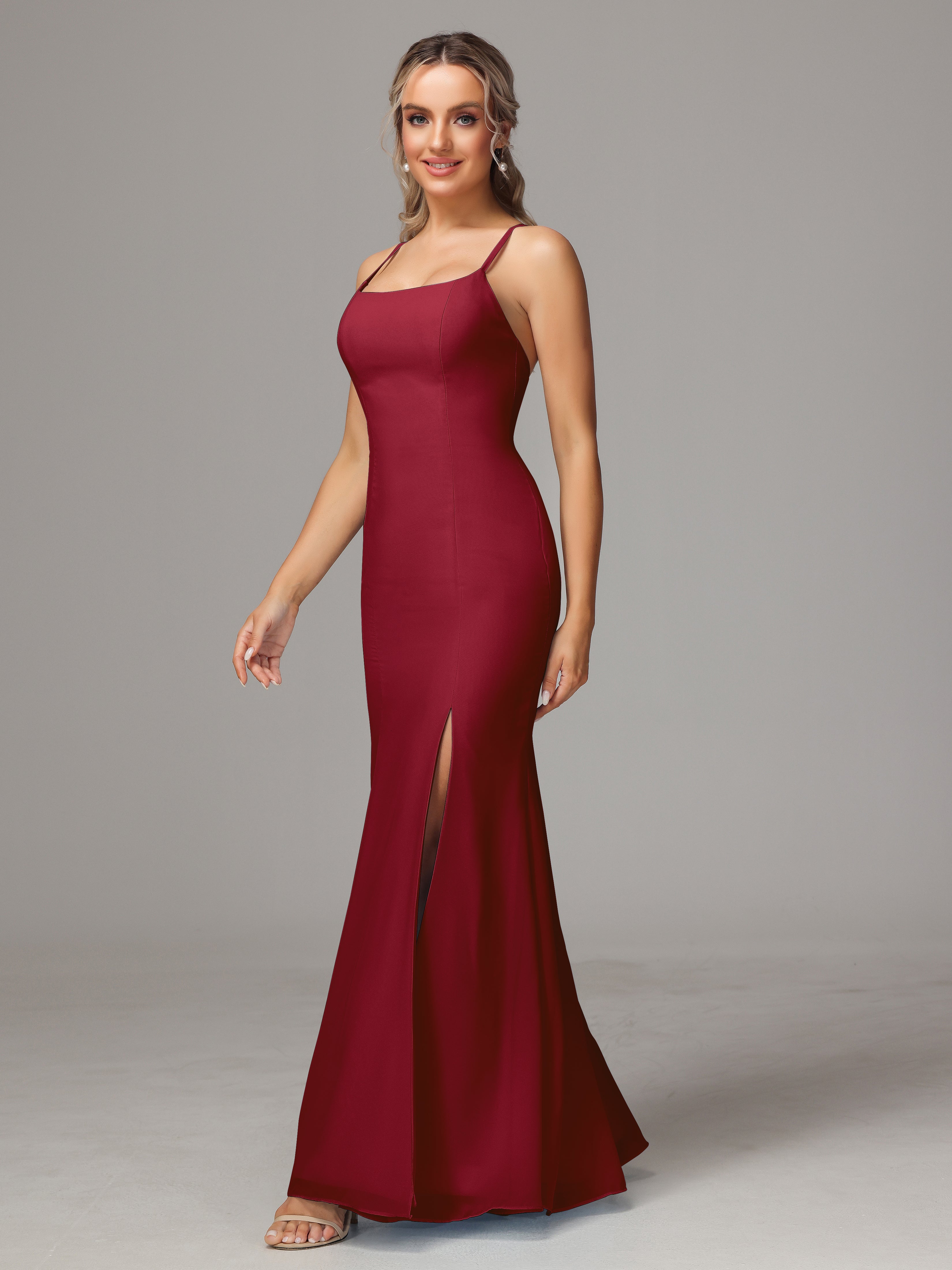 Robes De Demoiselle D'Honneur Bordeaux Leticia Fourreau Mousseline Longue Robes Demoiselle D'Honneur