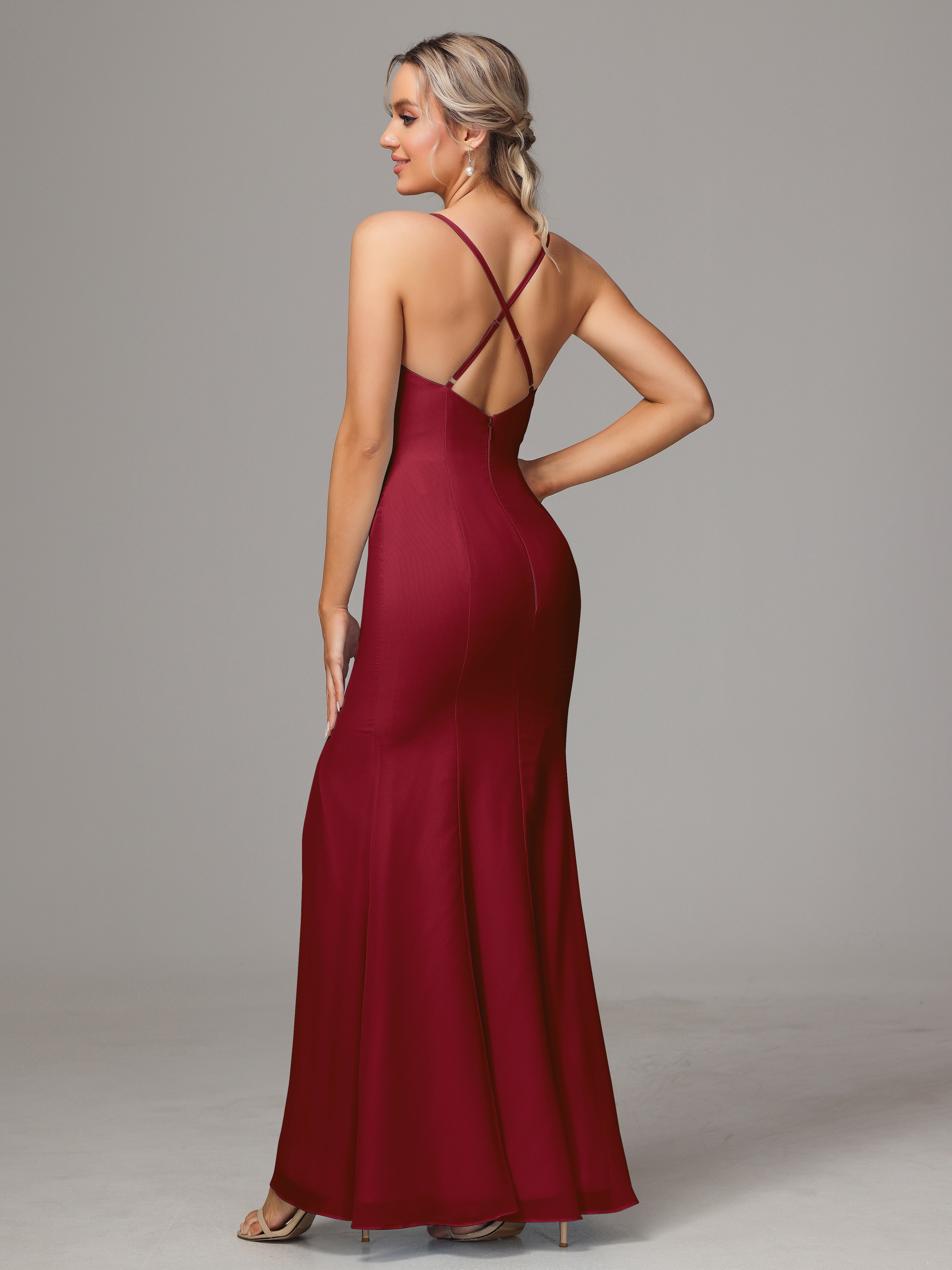Robes De Demoiselle D'Honneur Bordeaux Leticia Fourreau Mousseline Longue Robes Demoiselle D'Honneur