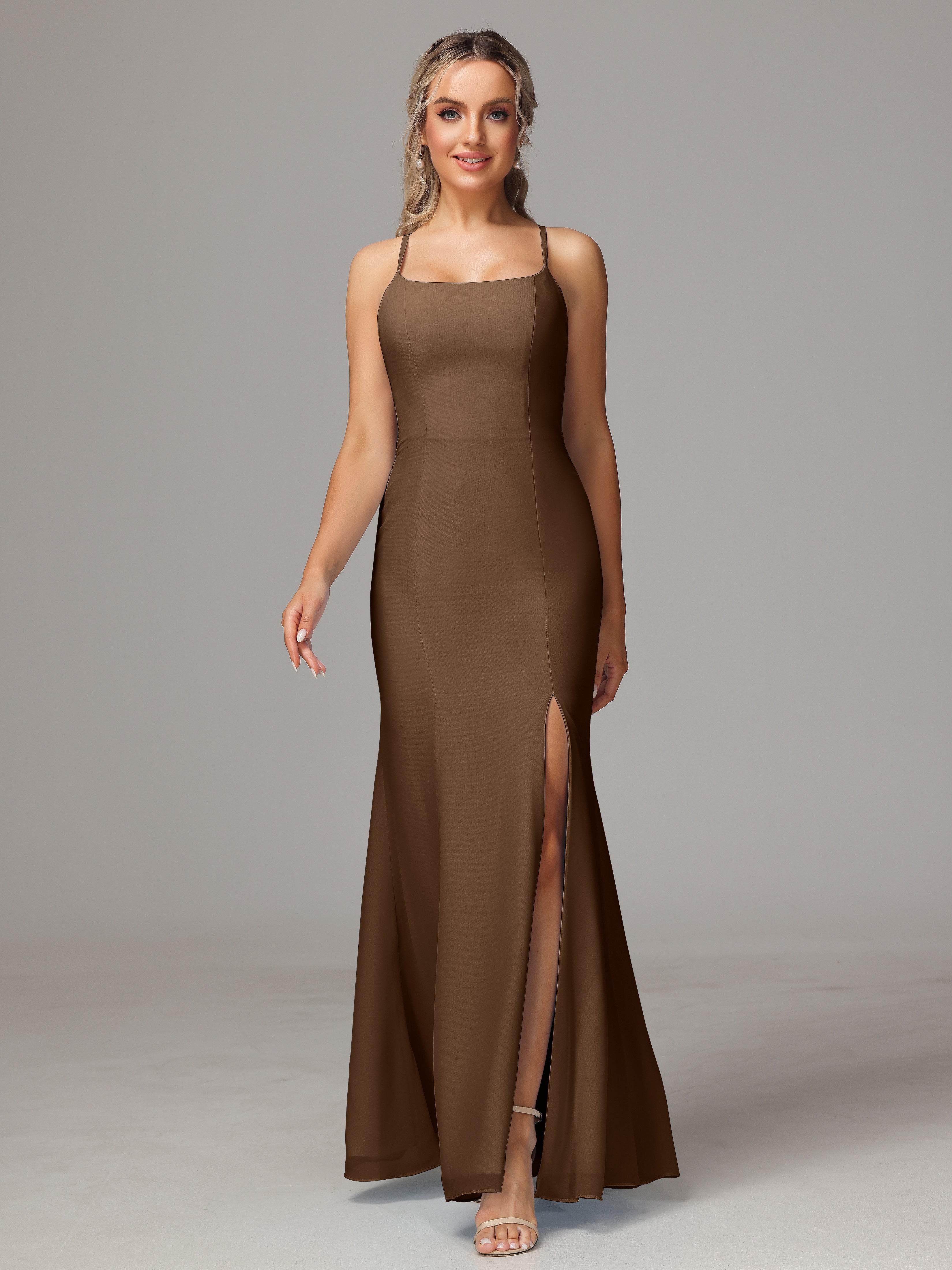 Robes De Demoiselle D'Honneur Brun Leticia Fourreau Mousseline Longue Robes Demoiselle D'Honneur