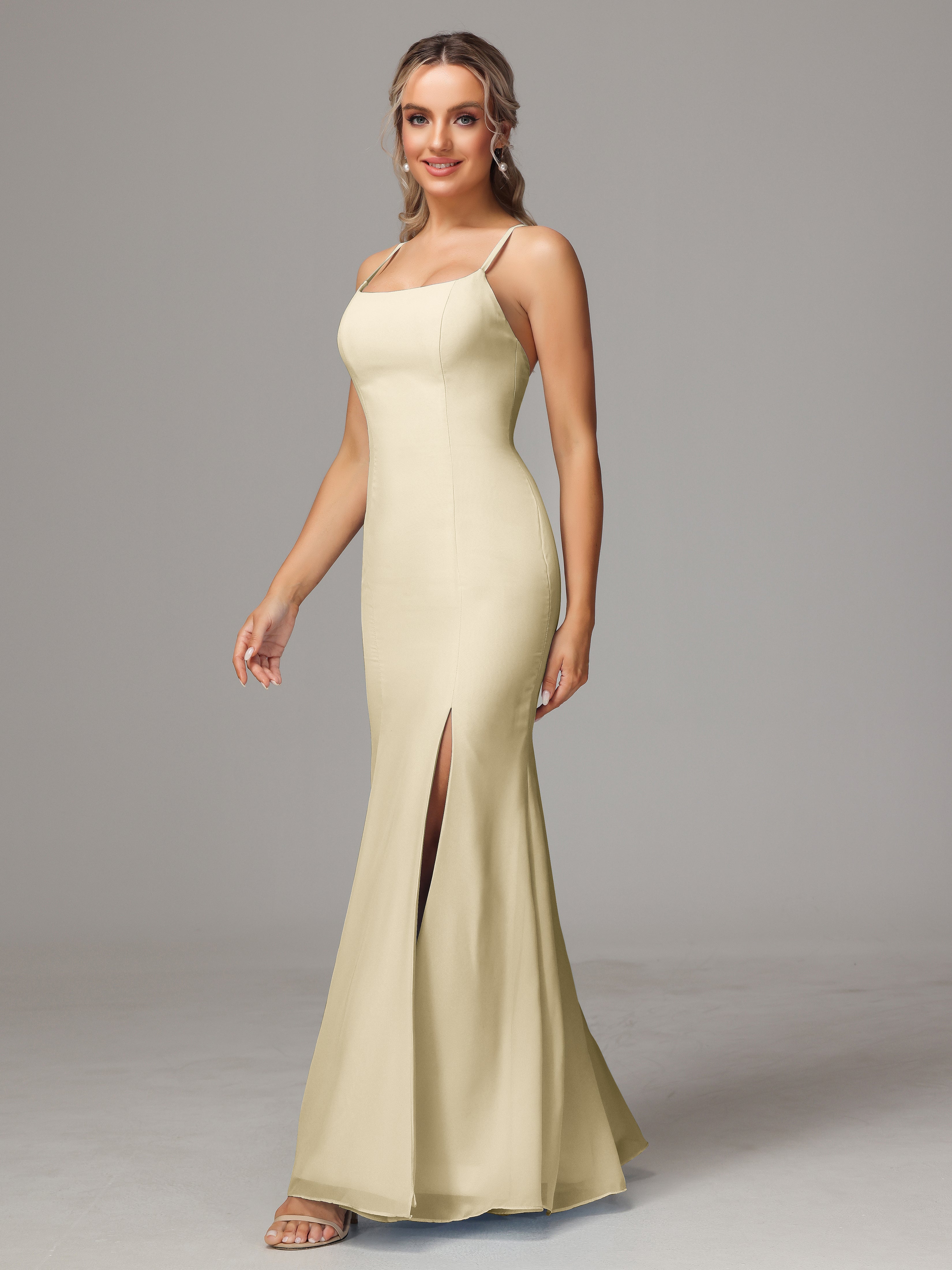 Robe Demoiselle D Honneur Champagne Leticia Fourreau Mousseline Longue Robes Demoiselle D'Honneur