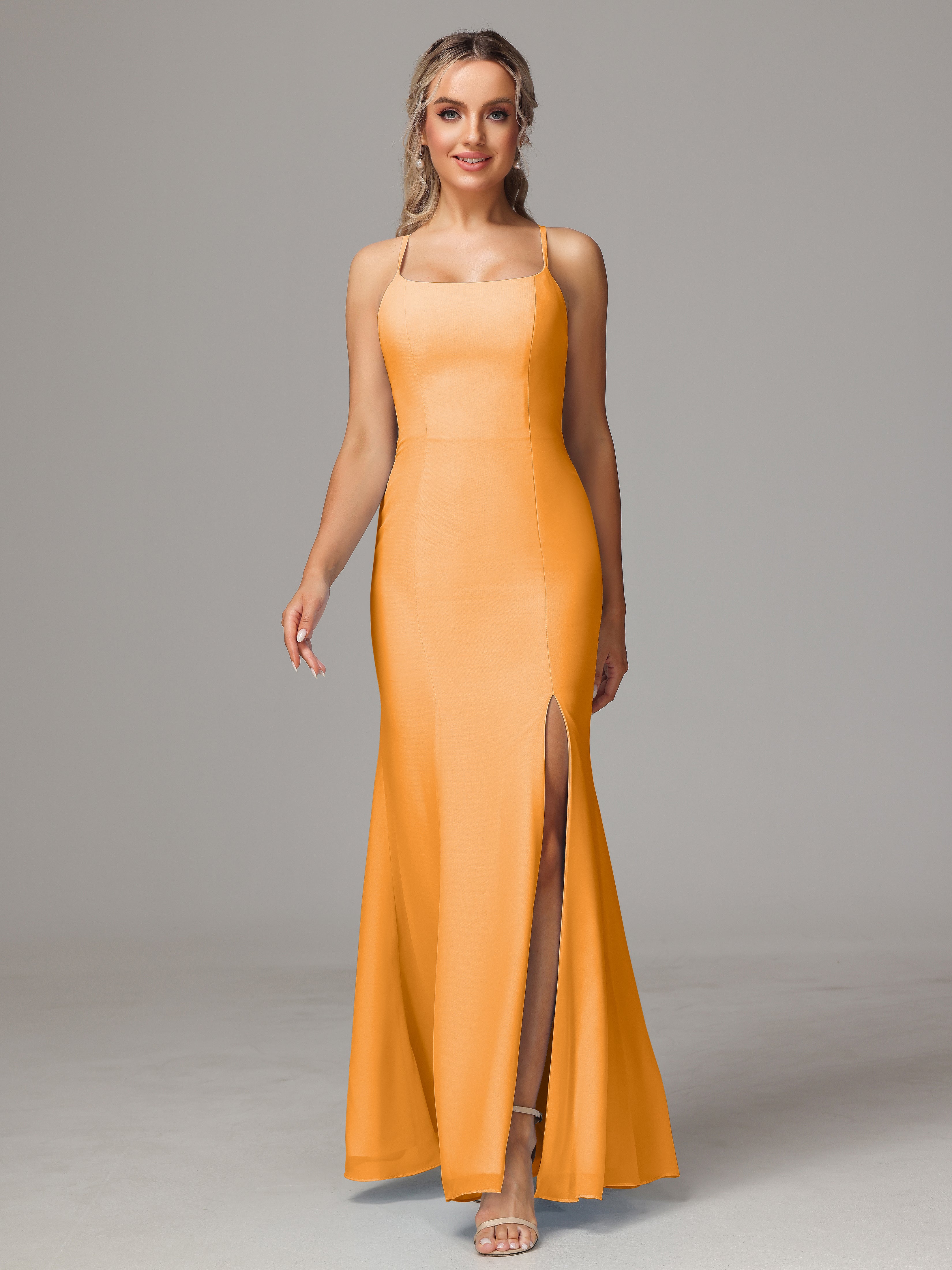 Robes De Demoiselle D'Honneur Mandarine Leticia Fourreau Mousseline Longue Robes Demoiselle D'Honneur