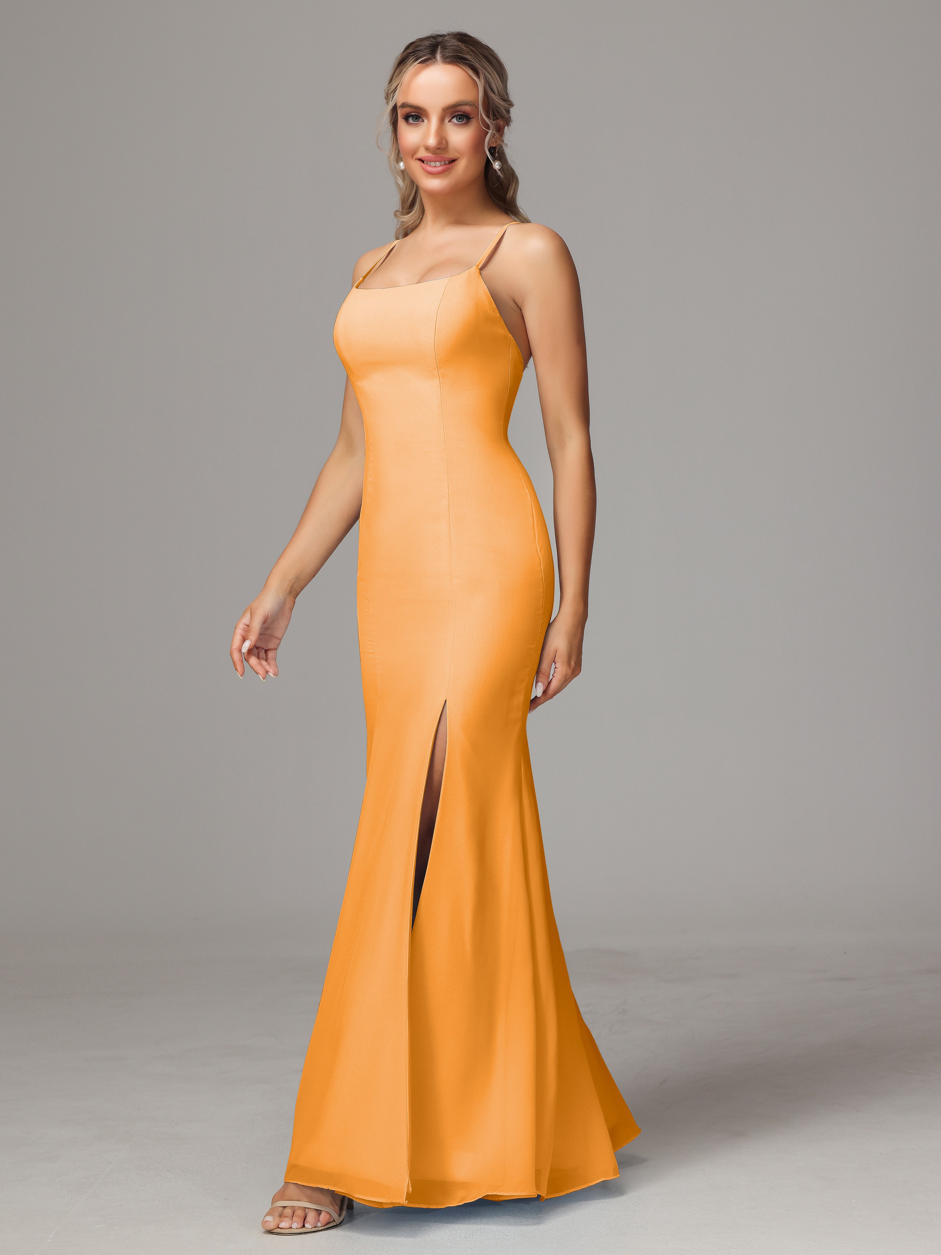 Robes De Demoiselle D'Honneur Mandarine Leticia Fourreau Mousseline Longue Robes Demoiselle D'Honneur