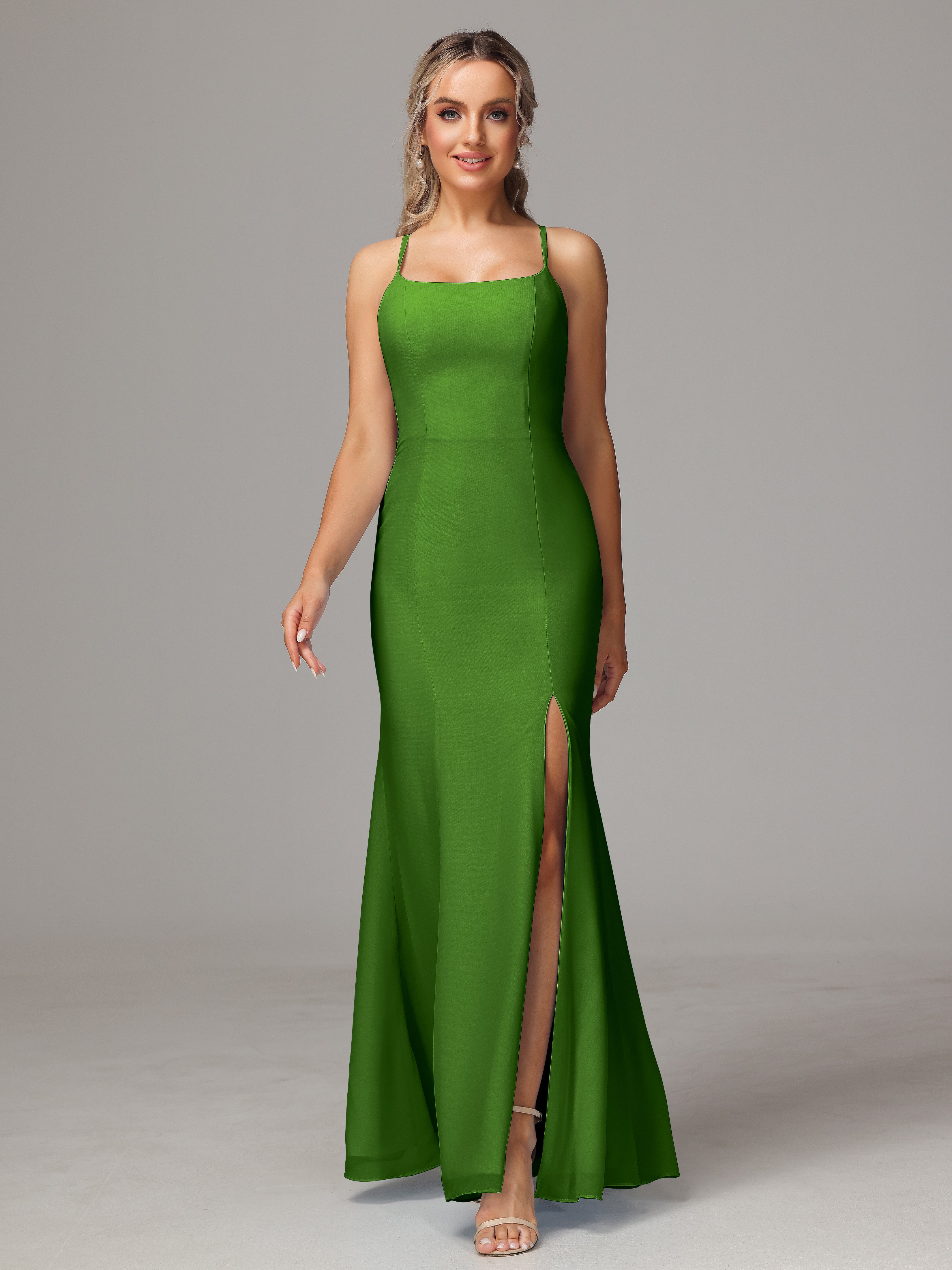 Robes De Demoiselle D'Honneur Vert Mousse Leticia Fourreau Mousseline Longue Robes Demoiselle D'Honneur