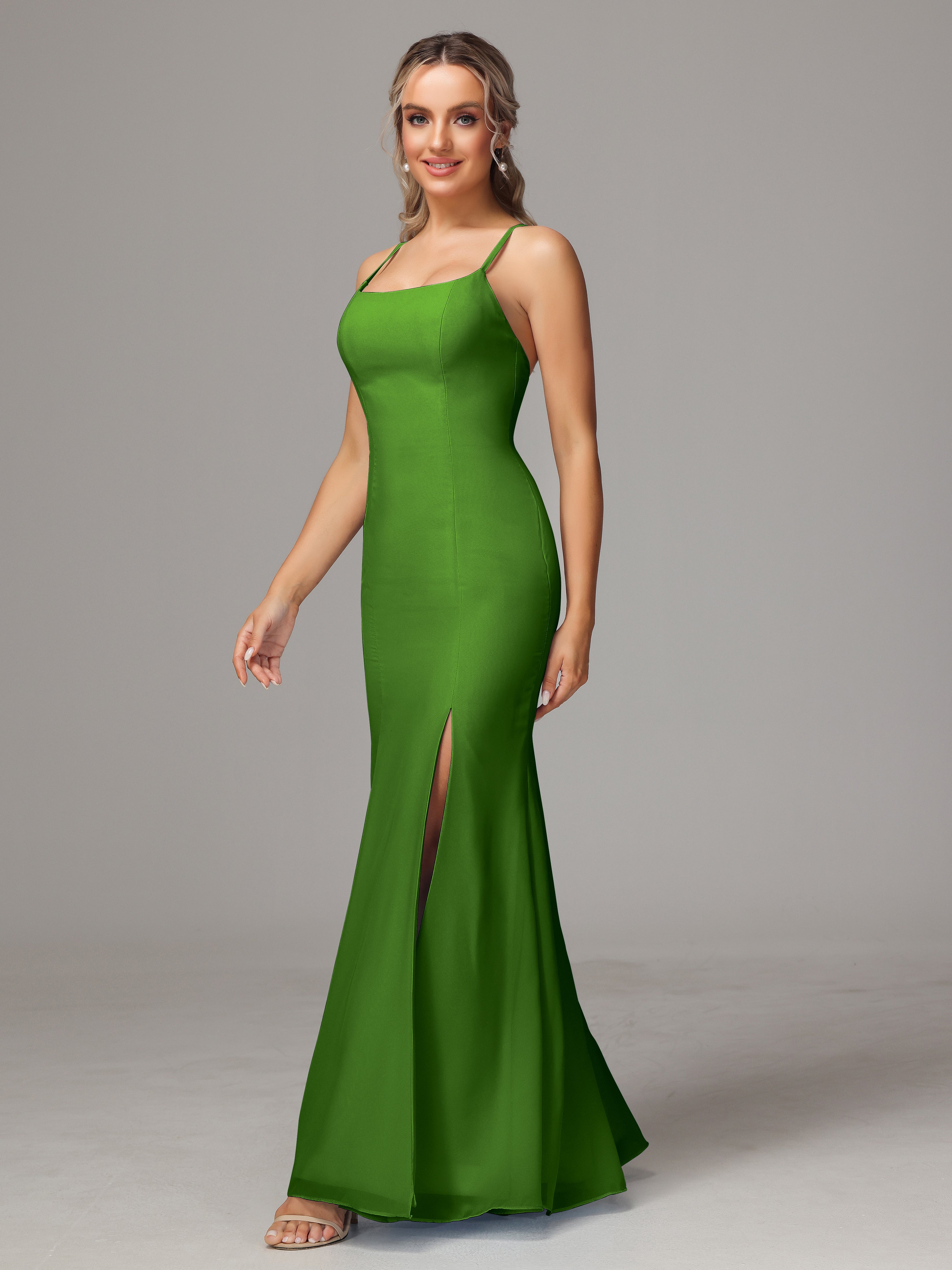 Robes De Demoiselle D'Honneur Vert Mousse Leticia Fourreau Mousseline Longue Robes Demoiselle D'Honneur