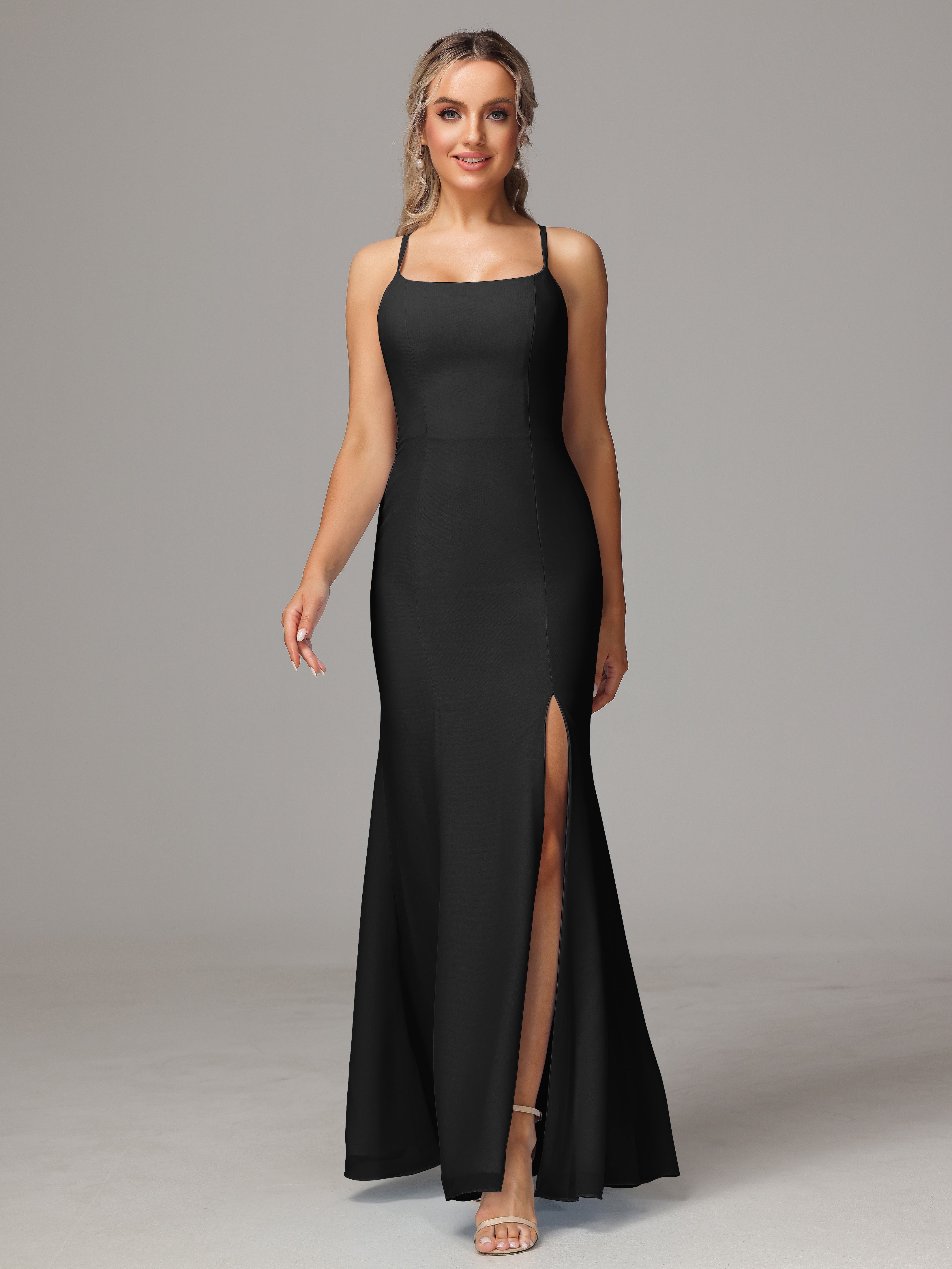 Robe Demoiselle D Honneur Noir Leticia Fourreau Mousseline Longue Robes Demoiselle D'Honneur