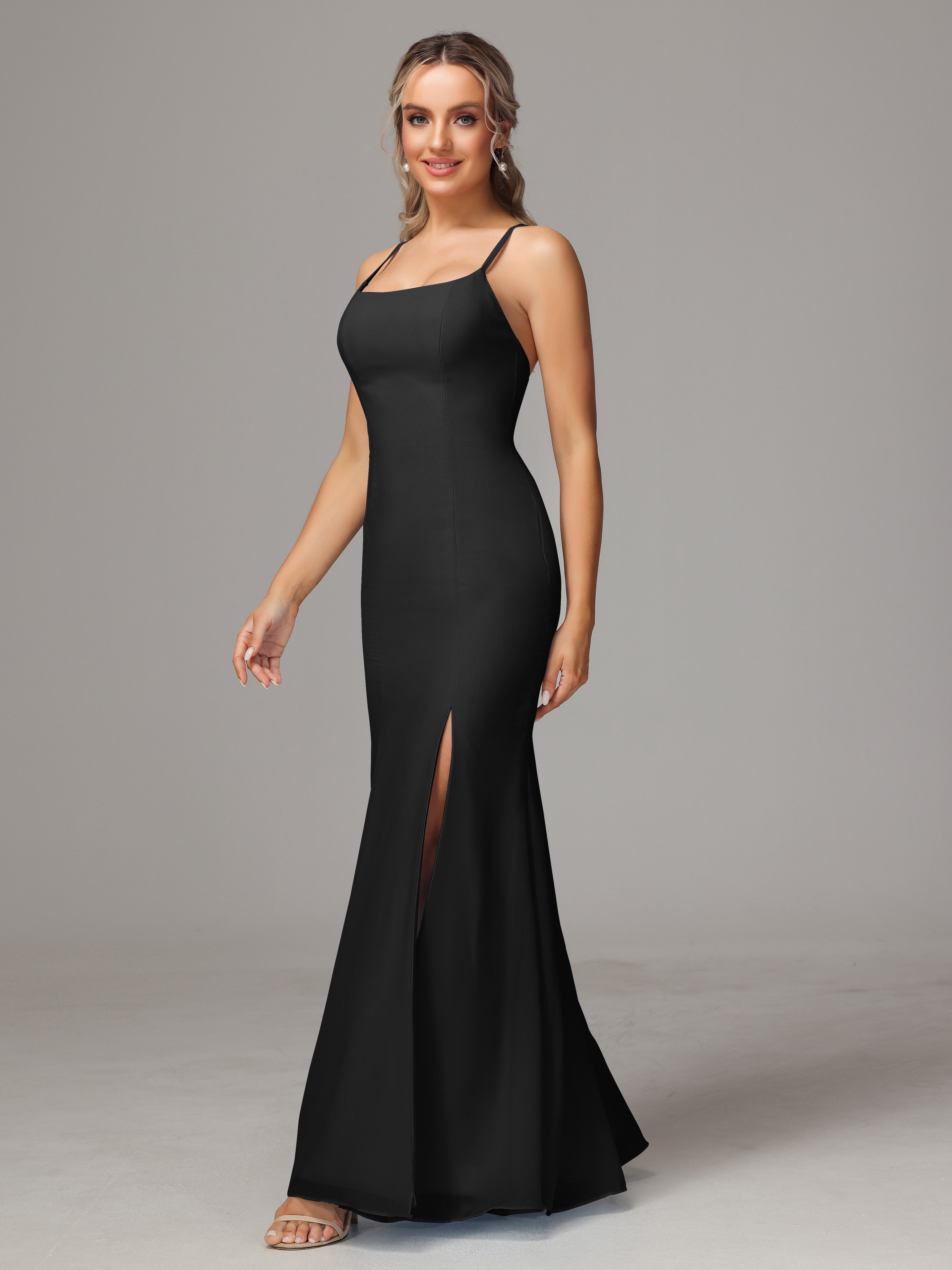 Robe Demoiselle D Honneur Noir Leticia Fourreau Mousseline Longue Robes Demoiselle D'Honneur