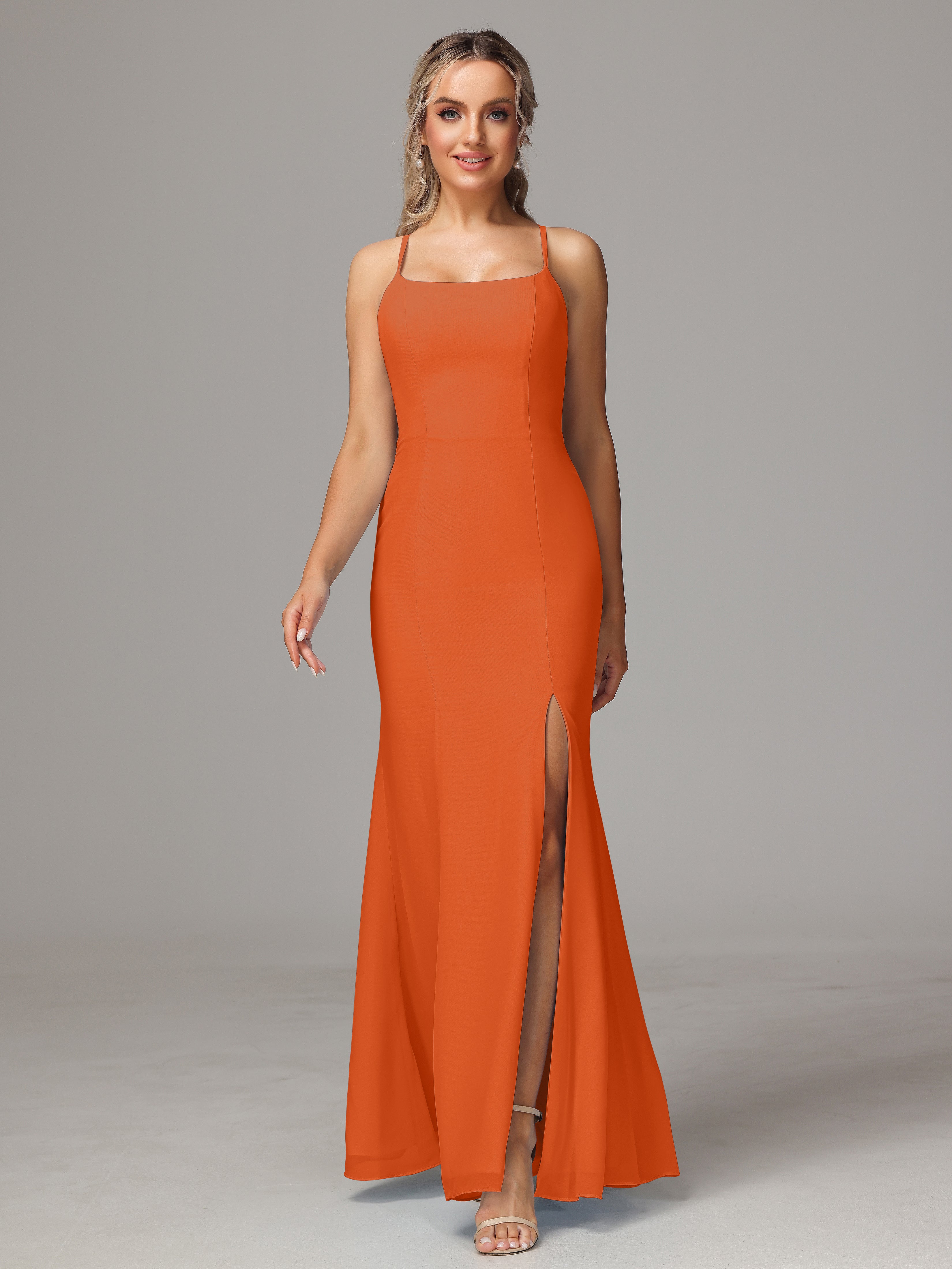 Robes De Demoiselle D'Honneur Orange Brûlé Leticia Fourreau Mousseline Longue Robes Demoiselle D'Honneur