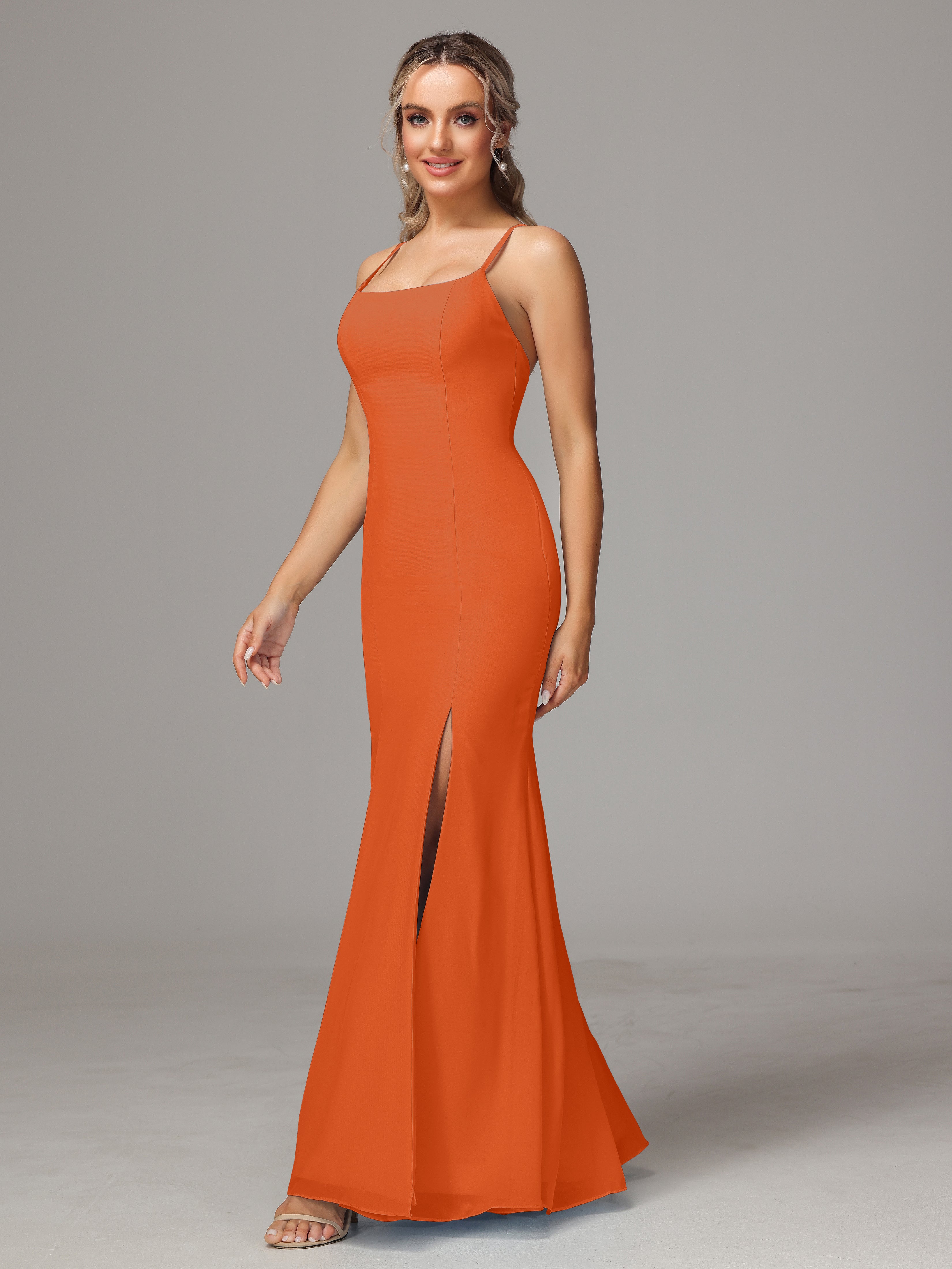 Robes De Demoiselle D'Honneur Orange Brûlé Leticia Fourreau Mousseline Longue Robes Demoiselle D'Honneur