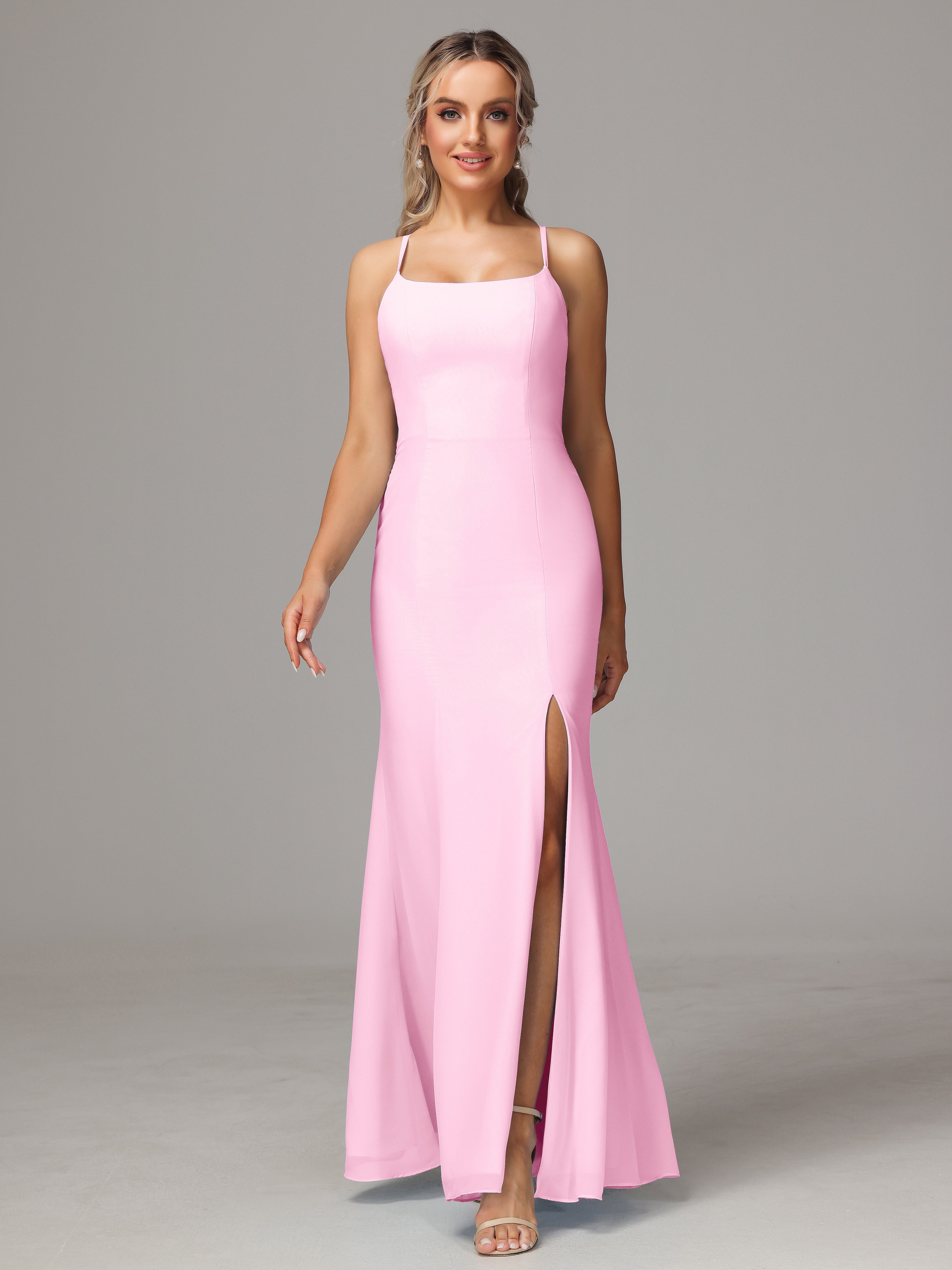 Robes De Demoiselle D'Honneur Rose Bonbon Leticia Fourreau Mousseline Longue Robes Demoiselle D'Honneur