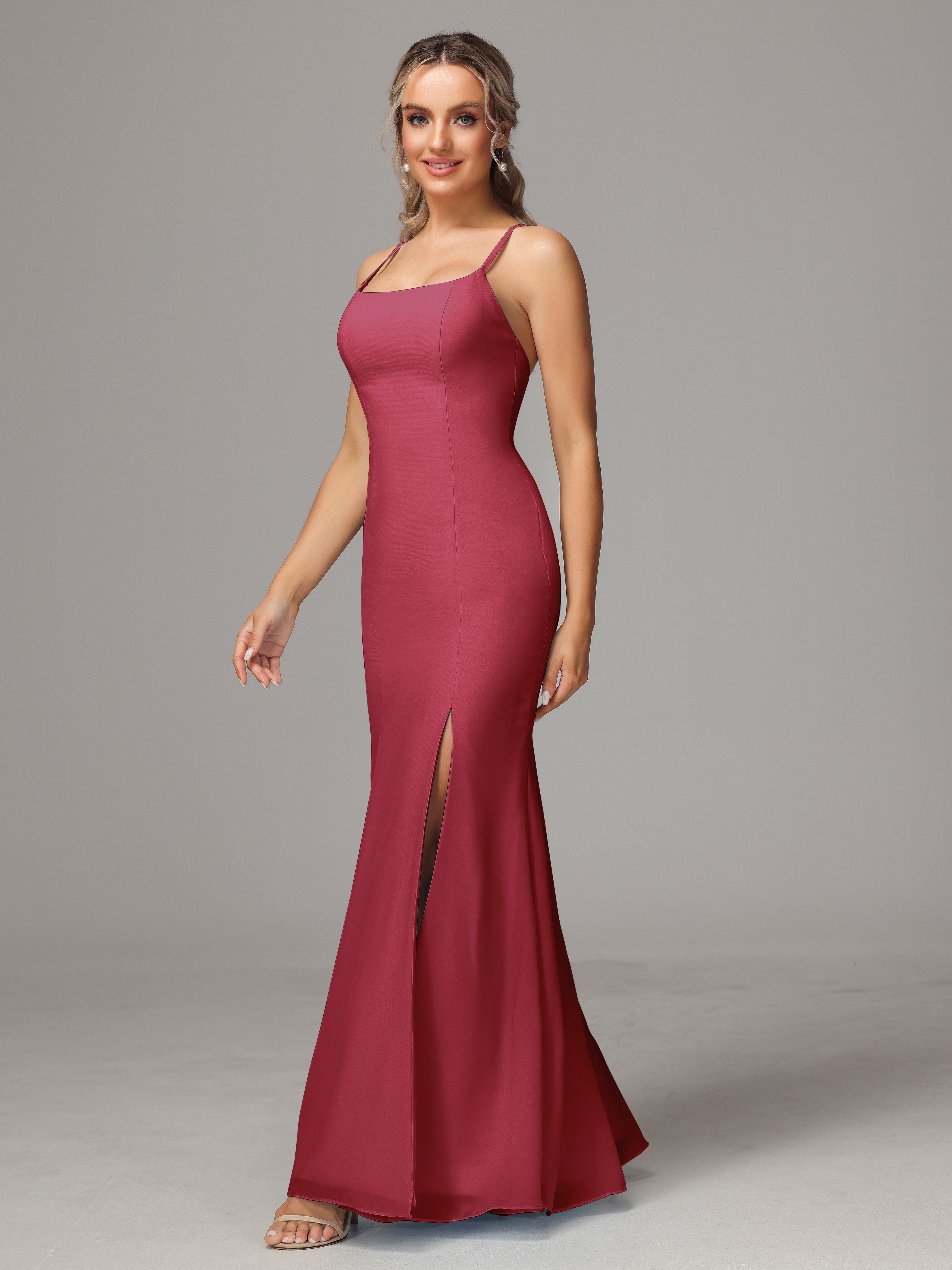 Couleur Rose Cannelle Leticia Fourreau Mousseline Longue Robes Demoiselle D'Honneur