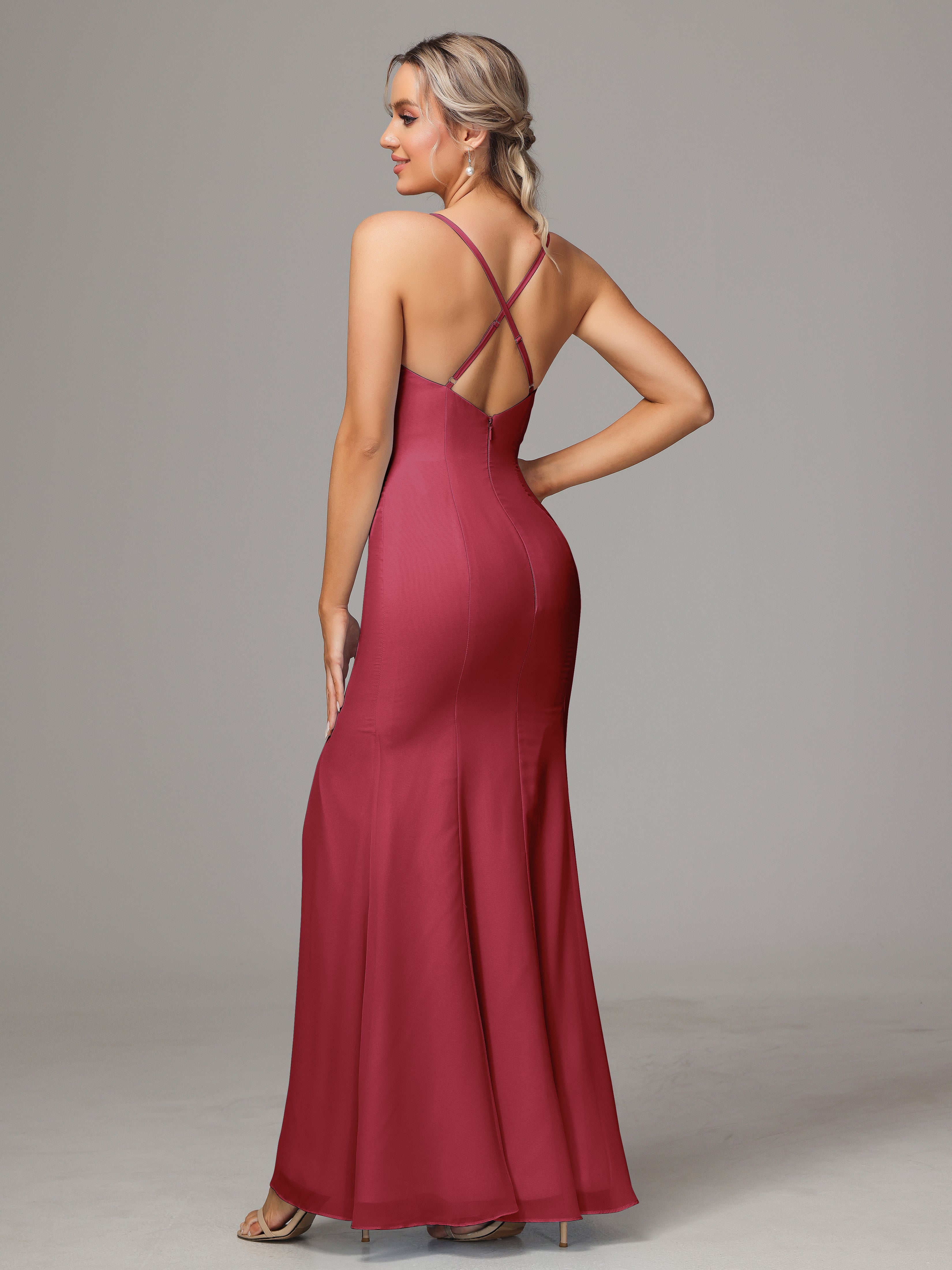 Couleur Rose Cannelle Leticia Fourreau Mousseline Longue Robes Demoiselle D'Honneur