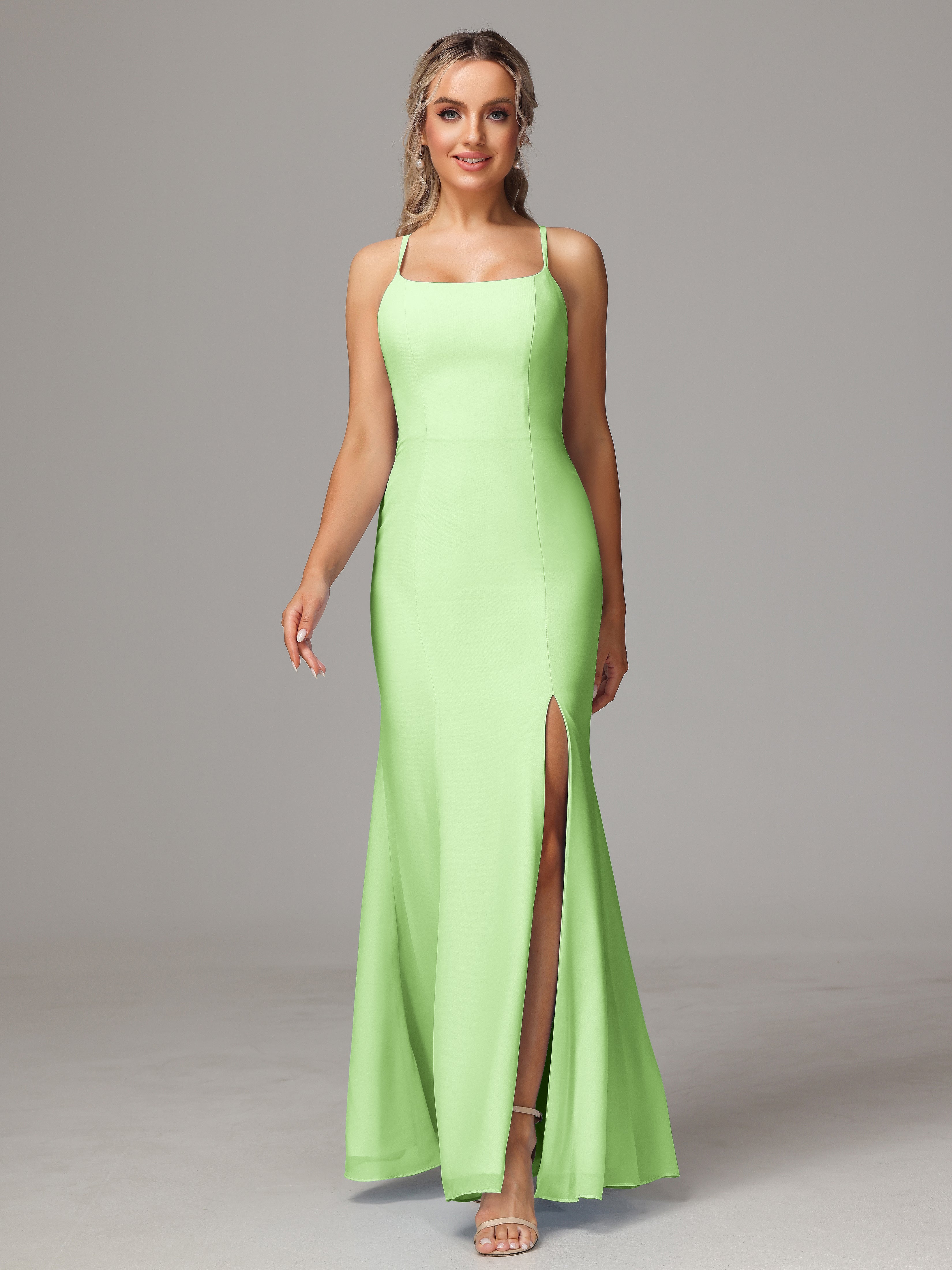 Demoiselle Robe Vert Sauge Leticia Fourreau Mousseline Longue Robes Demoiselle D'Honneur