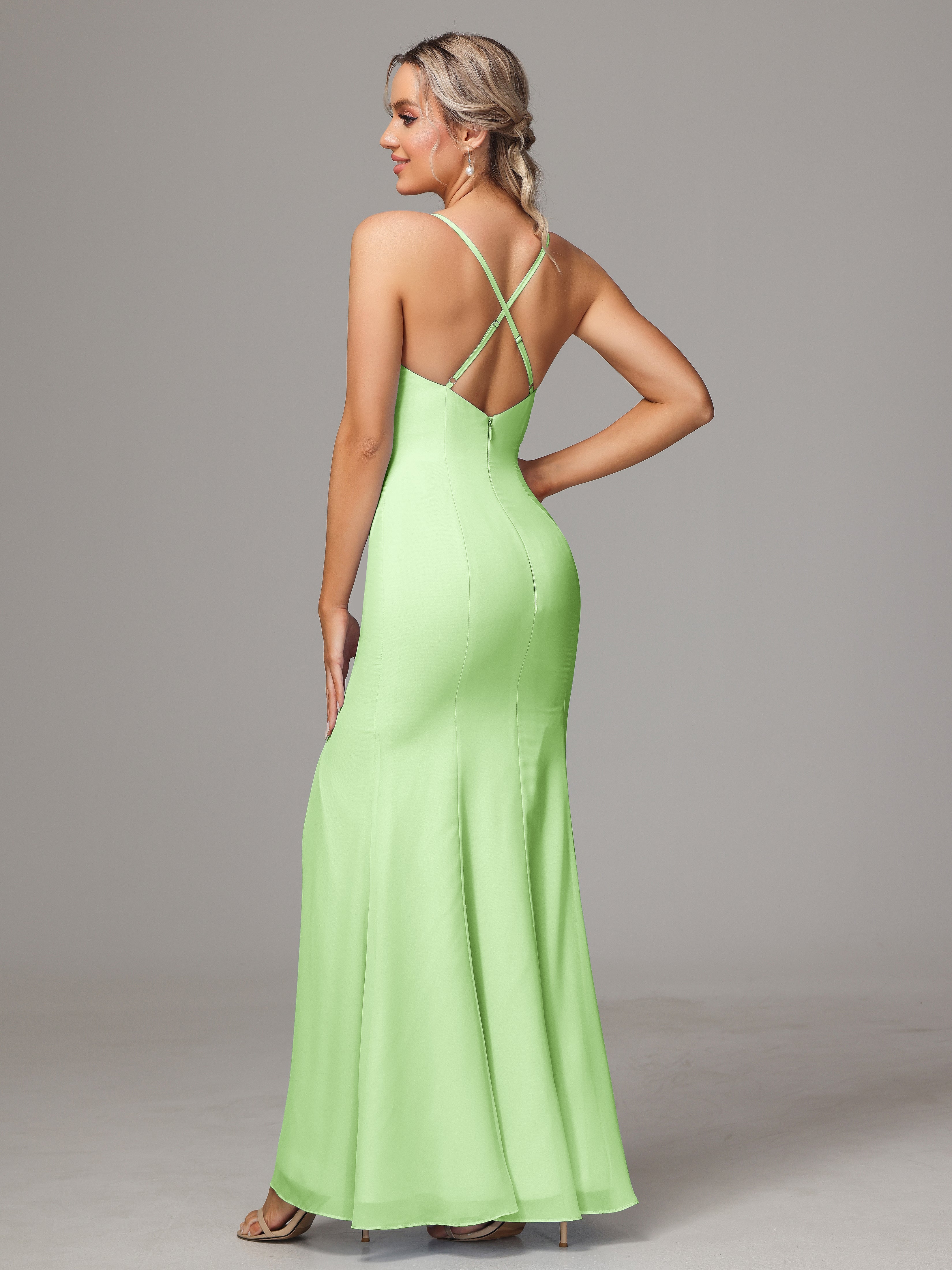 Demoiselle Robe Vert Sauge Leticia Fourreau Mousseline Longue Robes Demoiselle D'Honneur